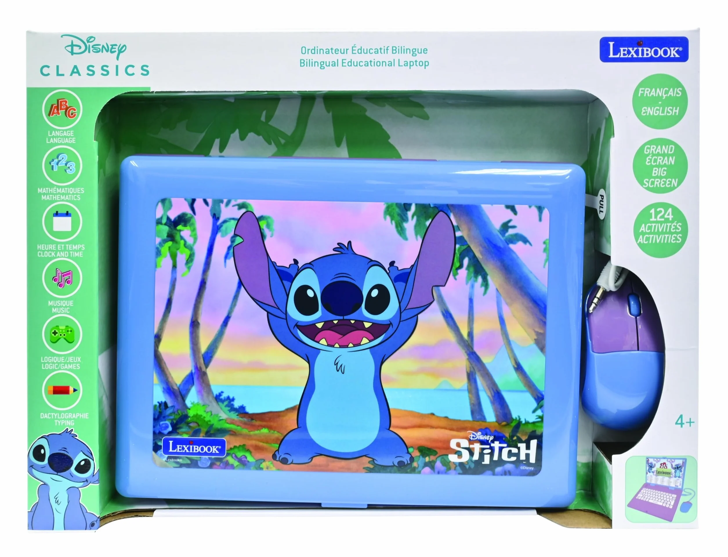Lexibook, Disney Stitch, Ordenador Educativo bilingüe en inglés/español, 124 Actividades de lenguaje, Escritura, matemáticas, lógica, música y Juegos, para niños y niñas, JC598Di2