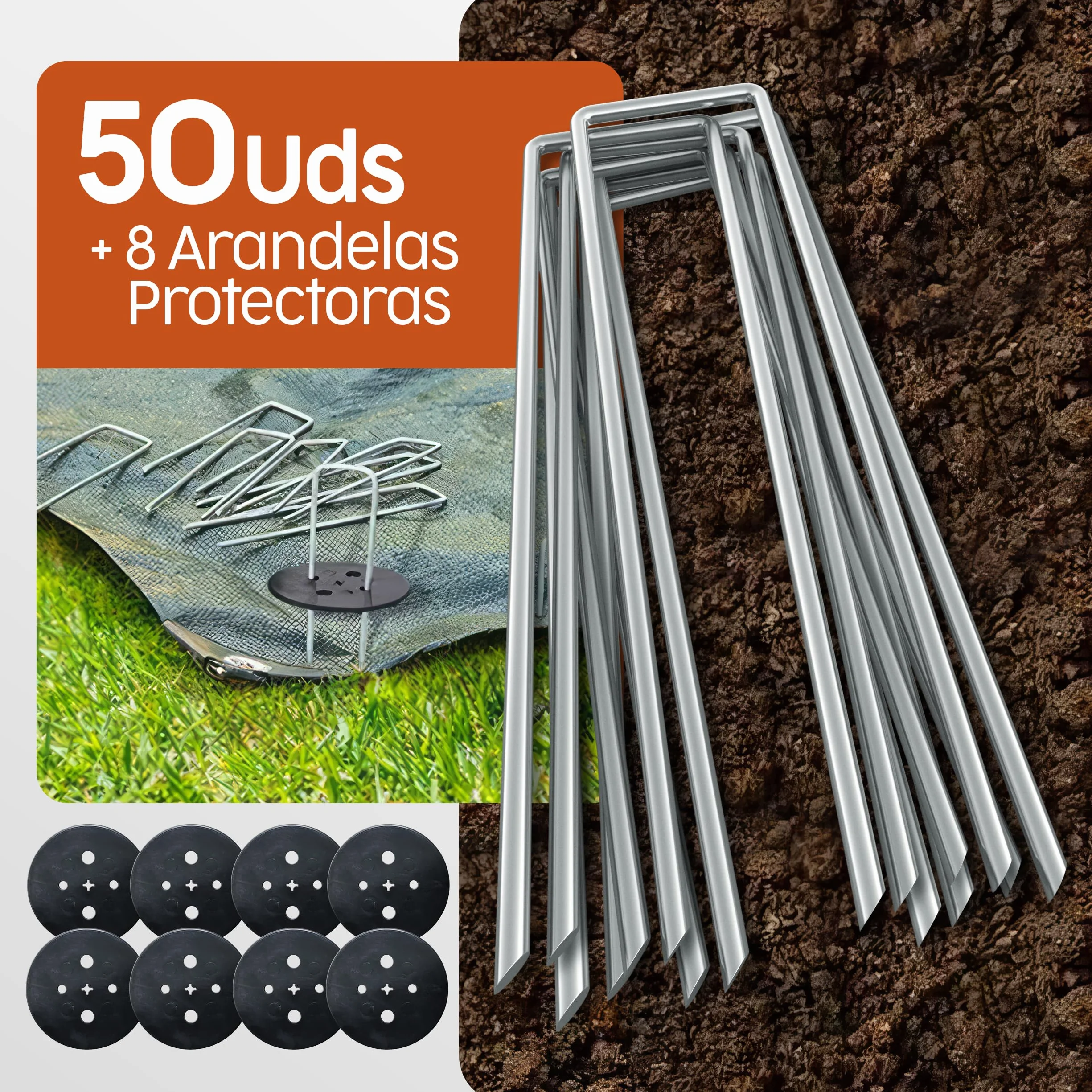 PORTENTUM Grapas Césped Artificial 150 mm 50 Uds + 8 Arandelas