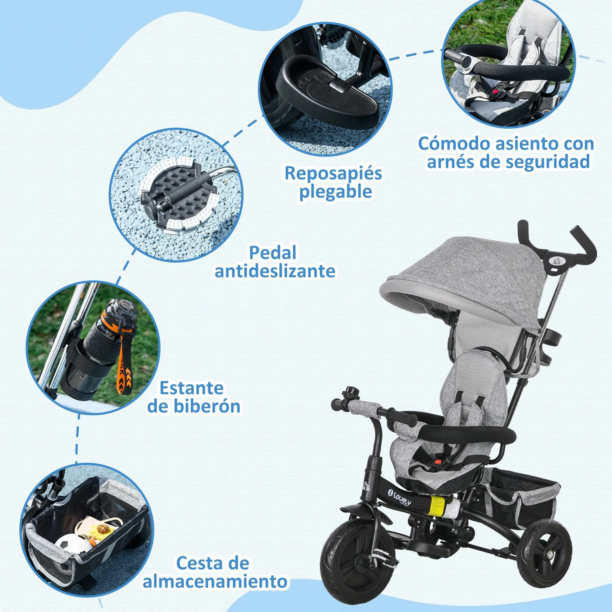 HOMCOM Triciclo Evolutivo para Bebés 6 en 1 Triciclo para Niños de 1-5 Años Bicicleta para Niños con Toldo Plegable Mango Telescópico Desmontable Cinturón de Seguridad y Cesto 95x50x106 cm Gris