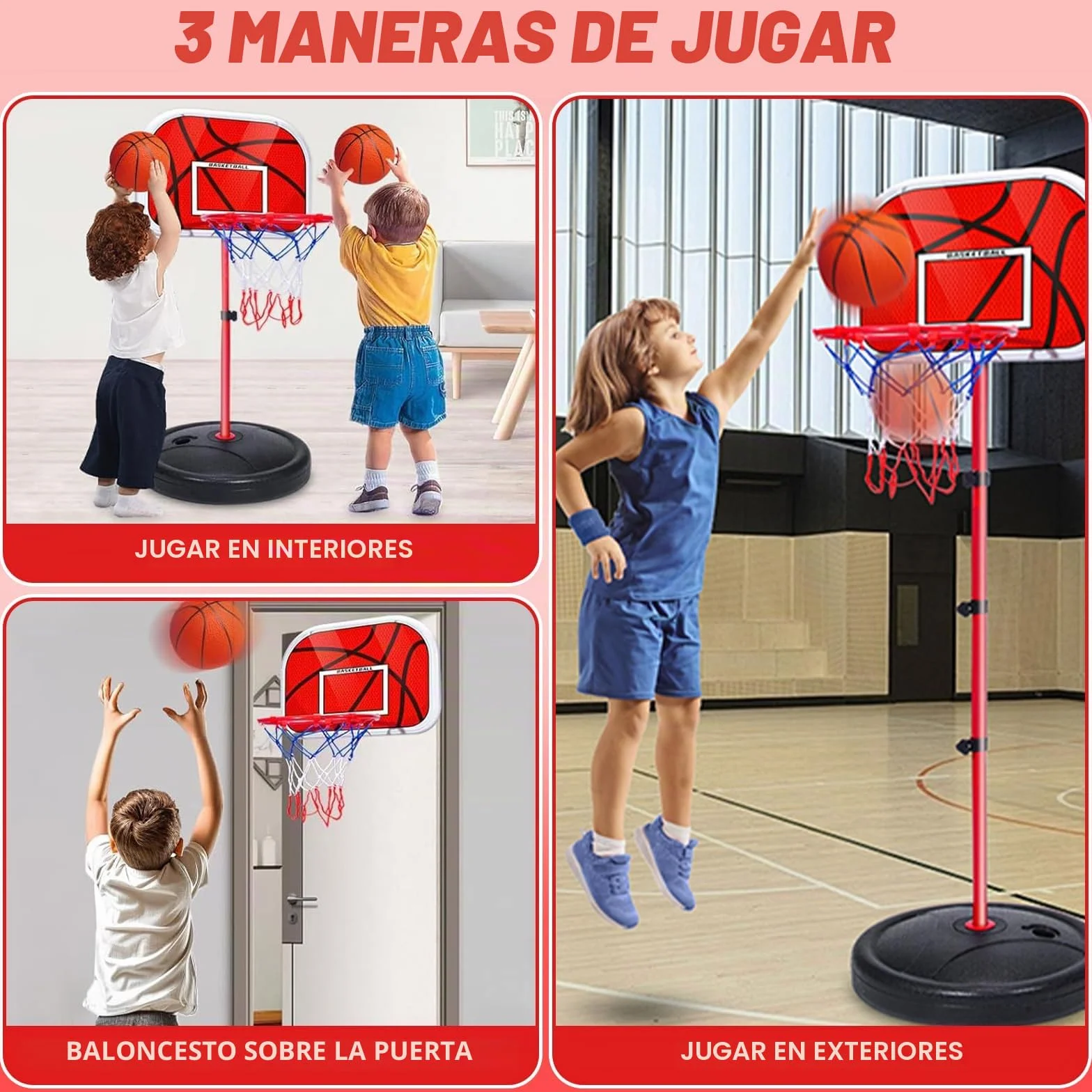 Canasta Baloncesto Infantil Regulable 50-150 cm con 3 Pelotas + Bomba - Canasta Basket Niños 3-8 Años para Exterior/Interior - Ideal Exteriores, Jardín, Interior