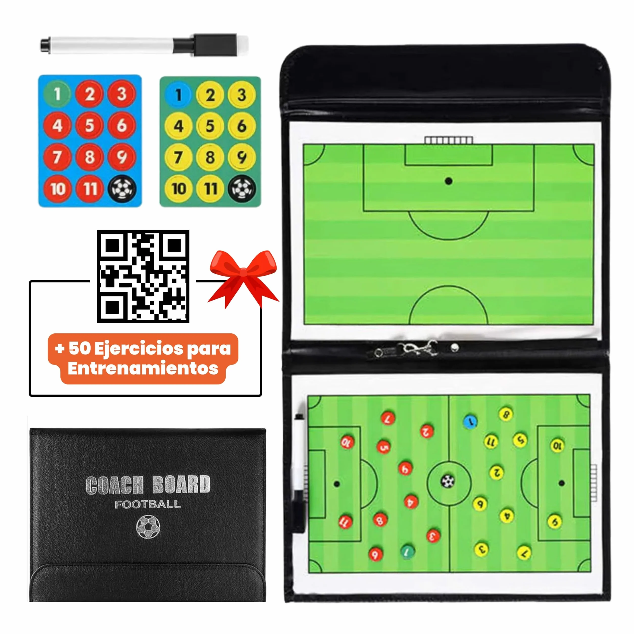 Pizarra de Fútbol para Entrenador con Guía de 50 Ejercicios, Pizarra Táctica Magnética para Fútbol y Fútbol Sala
