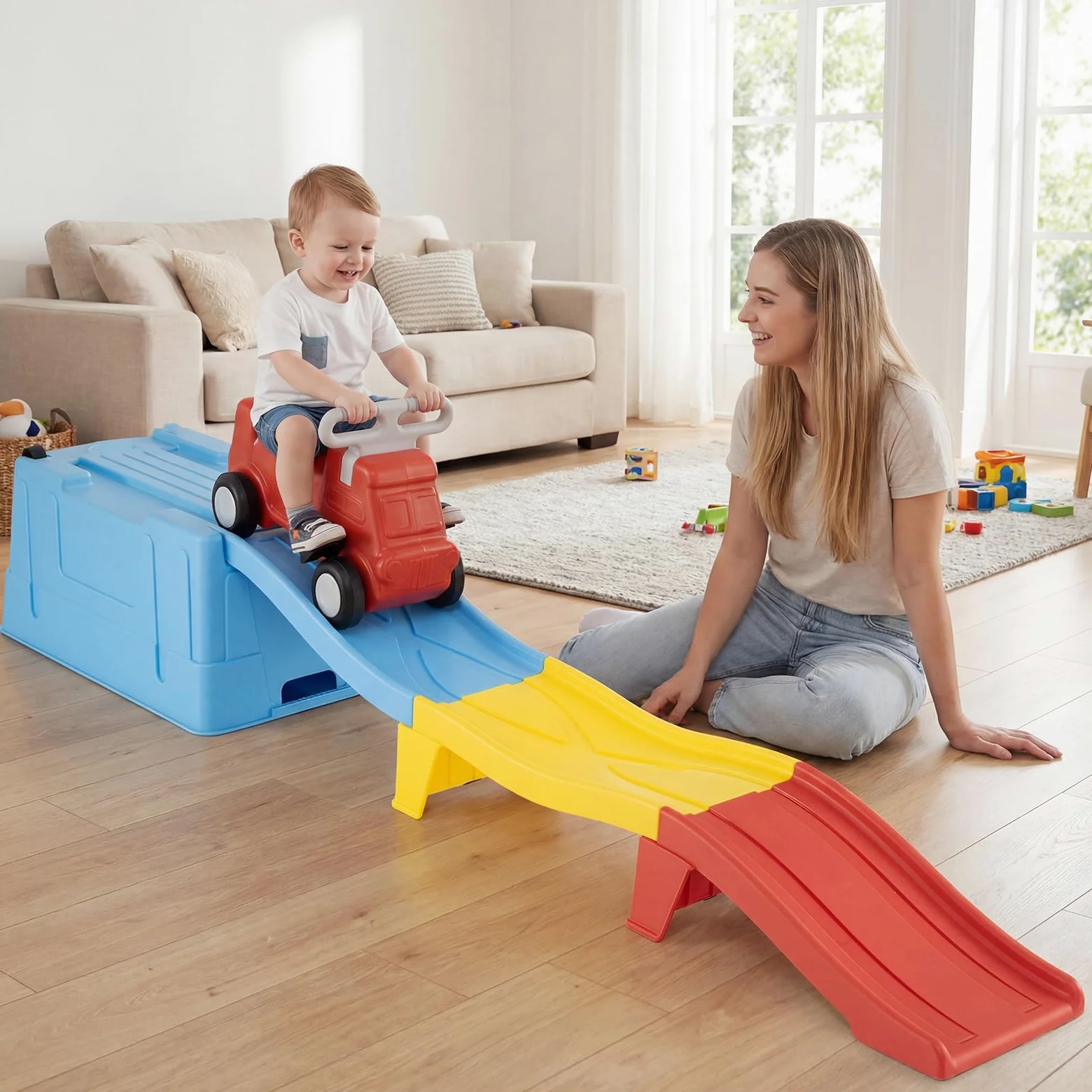 COSTWAY Coche Correpasillos Bebe con Pista en Rampa (Azul) | con Caja de Almacenamiento, Auto a Pedales y Peldaño Ancho, Juguete de Paseo Interior y Exterior para Niños de 3+ Años