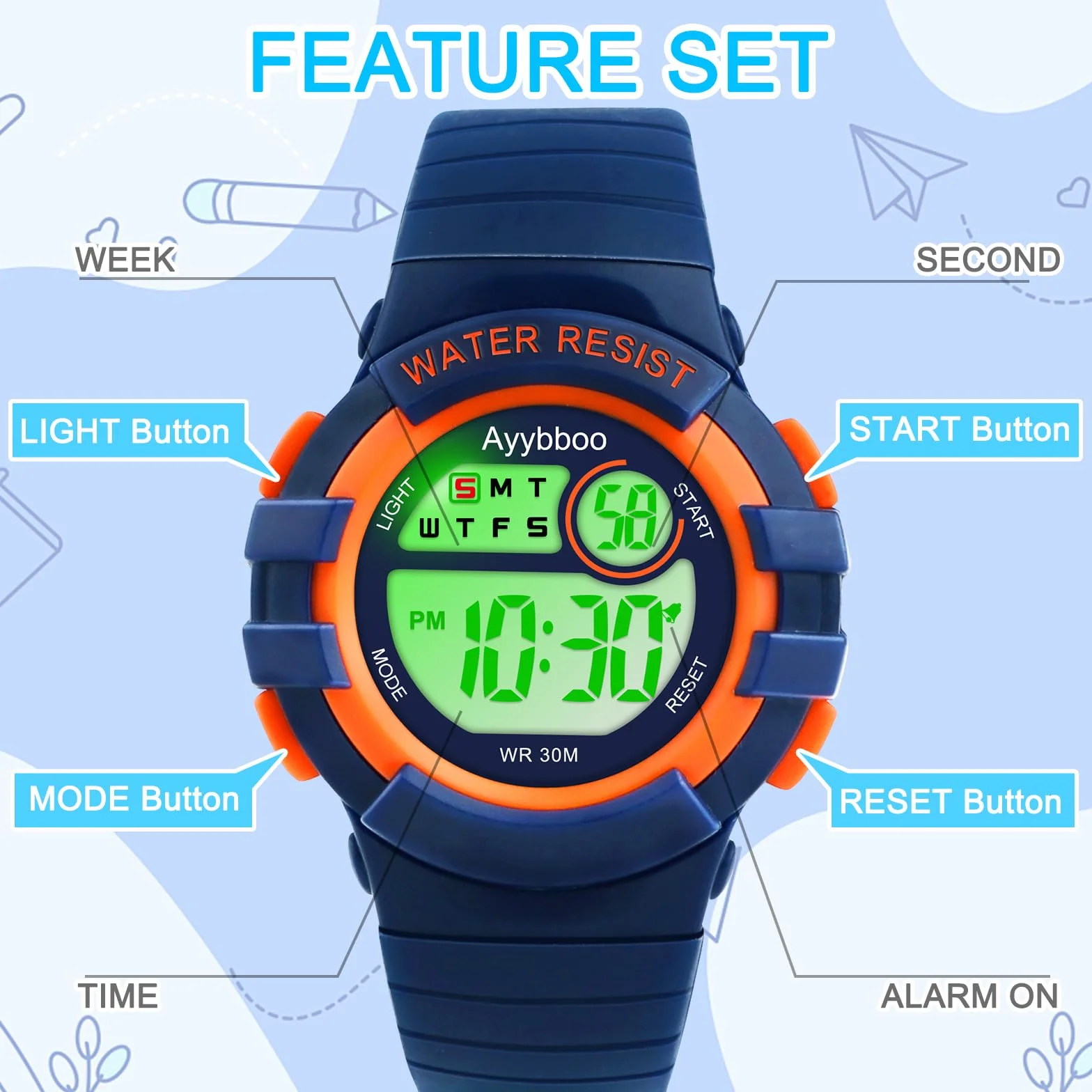 Reloj Niño Digital 7 Luces LED Impermeable 3ATM Alarma Fecha Cronómetro Deportivo Pulsera