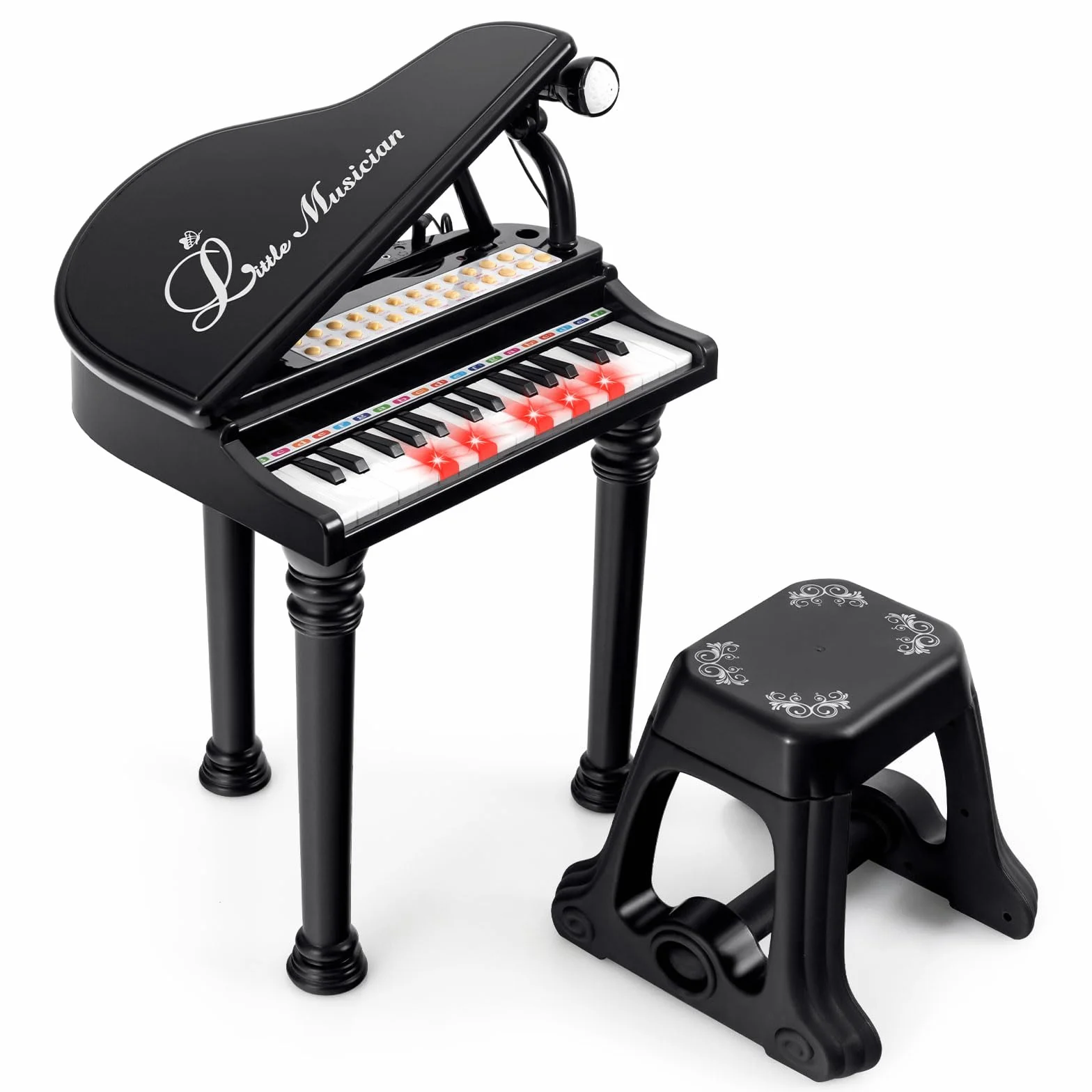 RELAX4LIFE Piano para niños con 31 teclas y taburete, teclado piano electrónico con micrófono ajustable, juguete musical regalo para niños a partir de 3 años (negro)