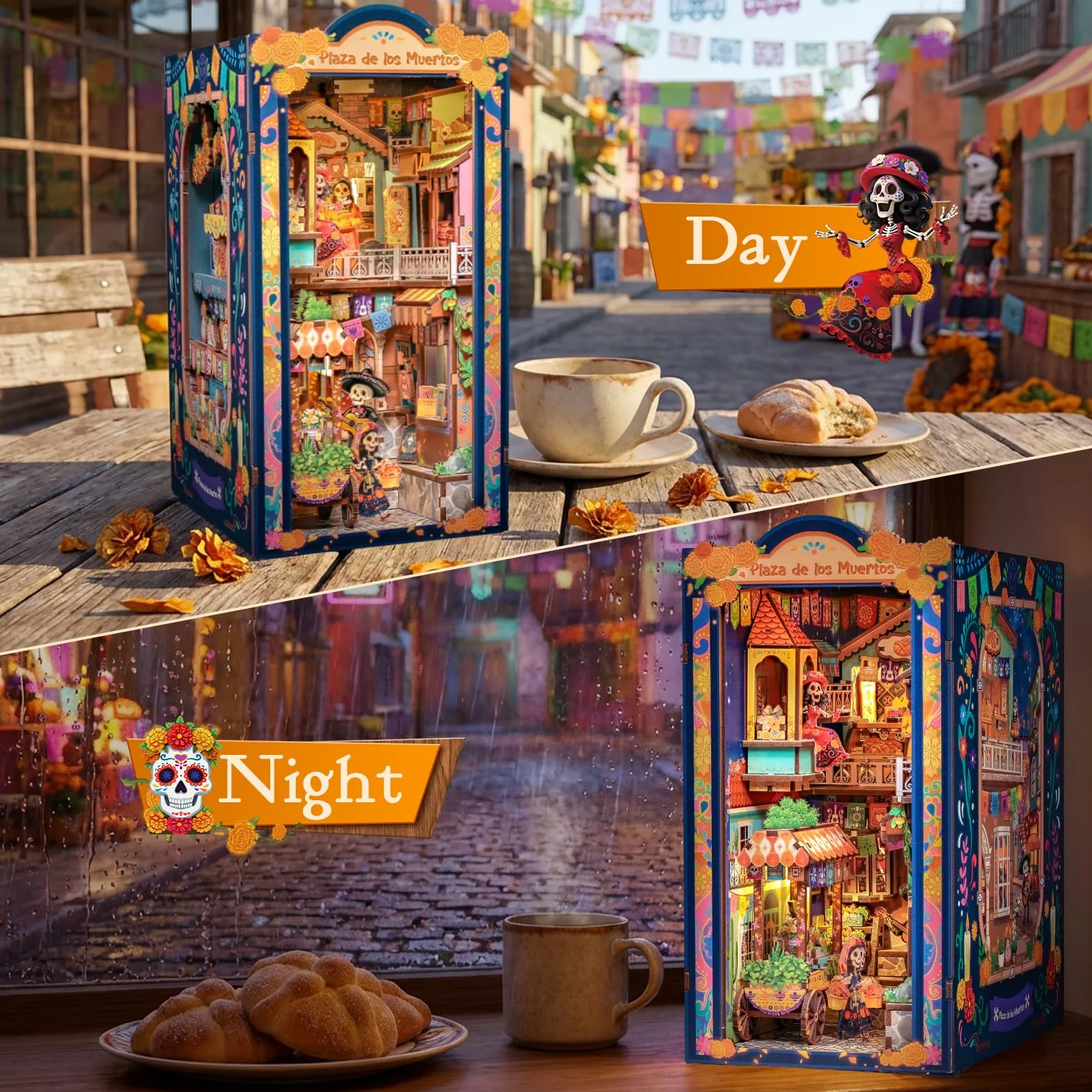 Cutefun Book Nook Kit para Día de Muertos - Kit de casa de muñecas en Miniatura - Kit de construcción de Modelo de decoración de estantería con luz LED, Rompecabezas de Madera 3D, Regalo Decorativo