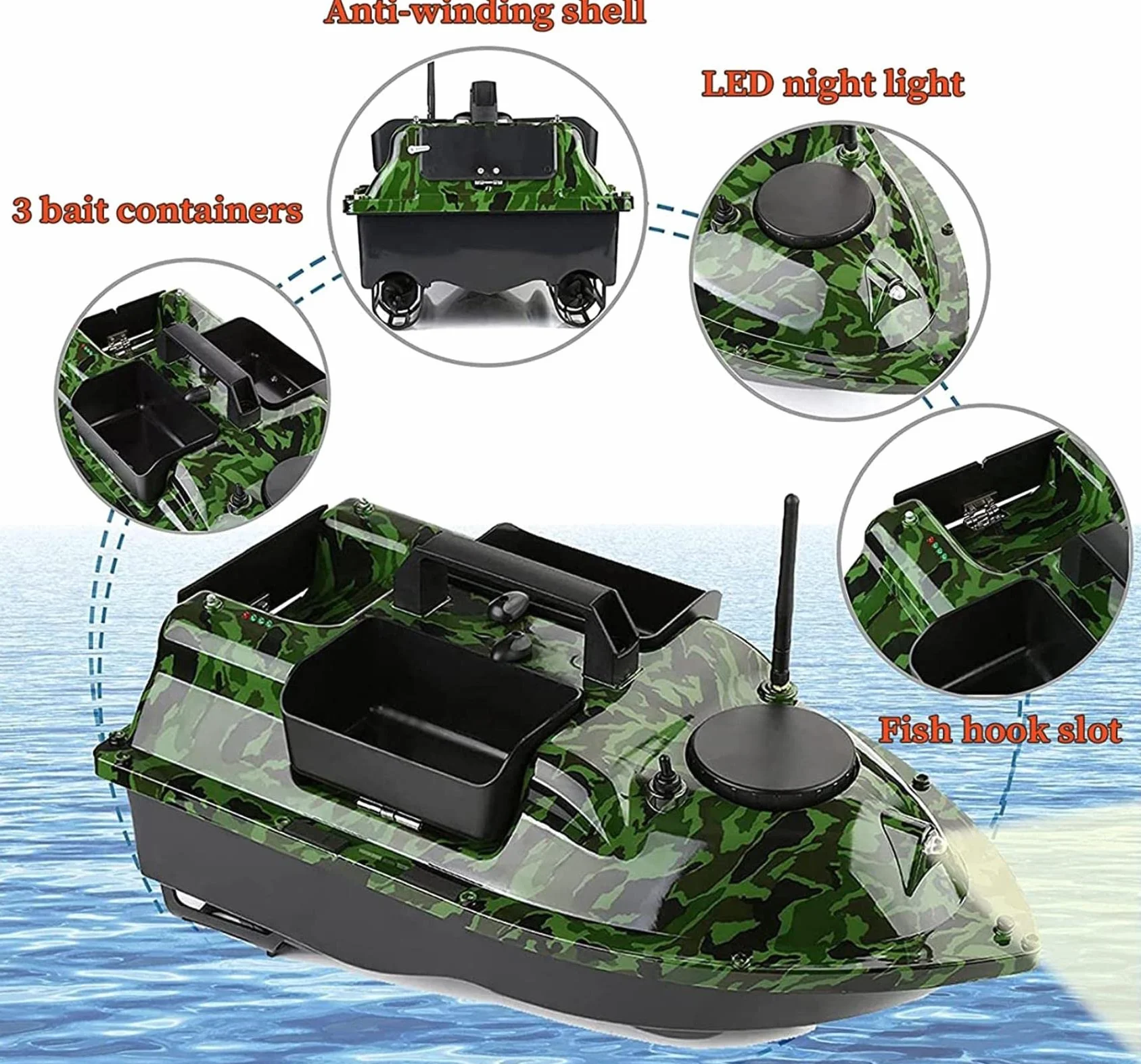 barco de Pesca Inteligente con Posicionamiento GPS, cebador carpfishing con 3 contenedores de Cebo y luz Nocturna, adecuado para la Pesca Nocturna