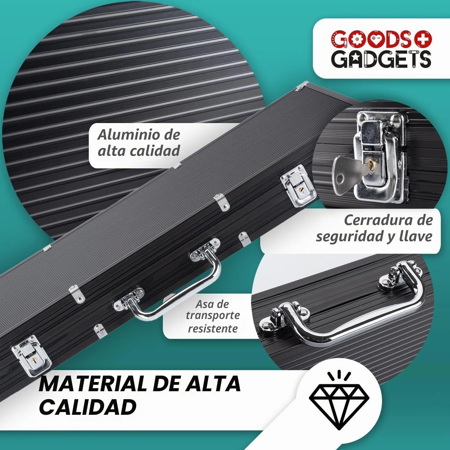 GOODS+GADGETS Maletín de Póquer con 300 a 500 Fichas, Baraja de Cartas, Dados y Botón del Crupier - Maleta de Aluminio con Cerradura (Negro, 300 Fichas)