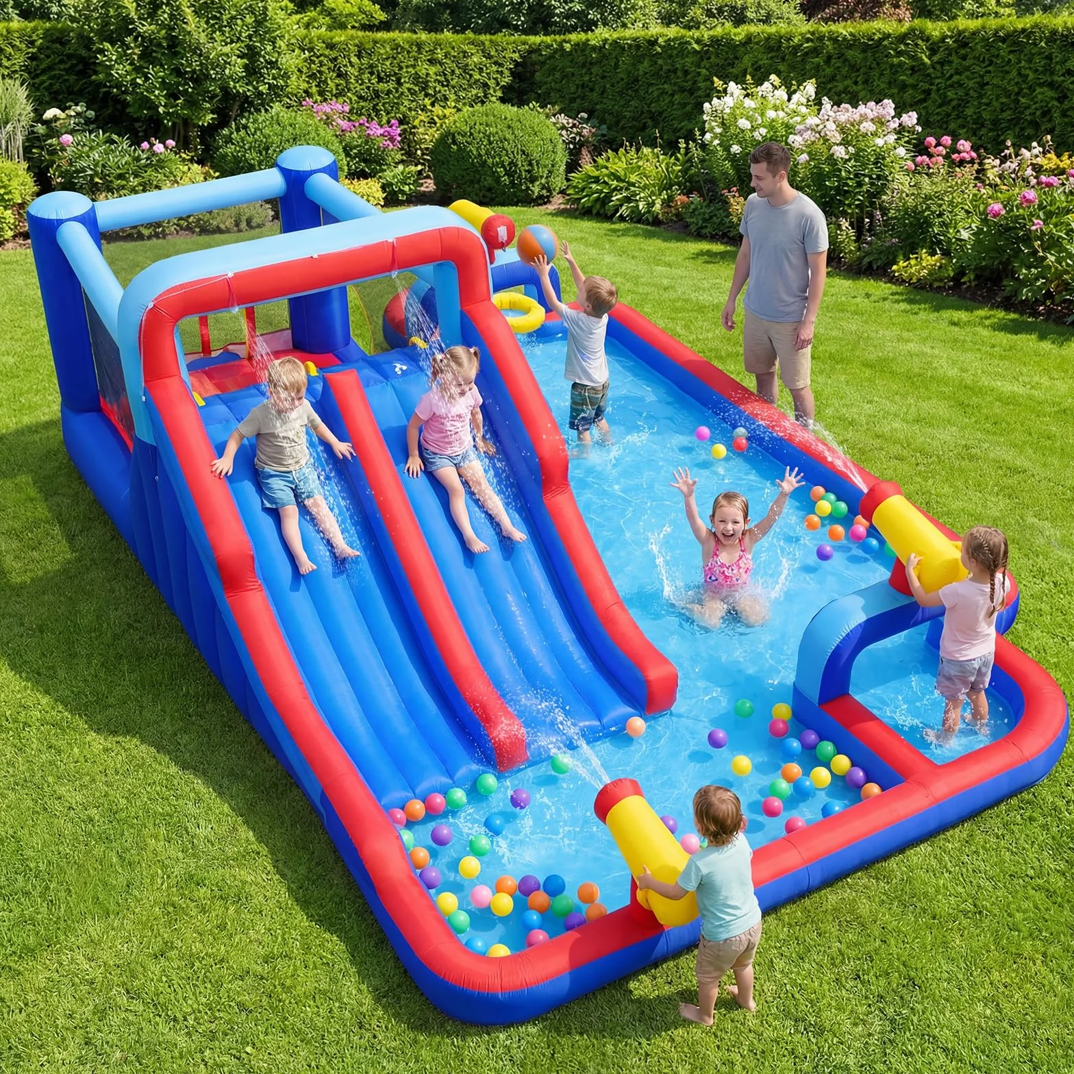 GOPLUS Castillo Hinchable, Castillo Inflable 2 en 1 con Pared de Escalada, Cañones, Piscina de Chapoteo y Tobogán Acuático, Casa de Saltos Infantil para Interior y Exterior, Soplador No Incluido