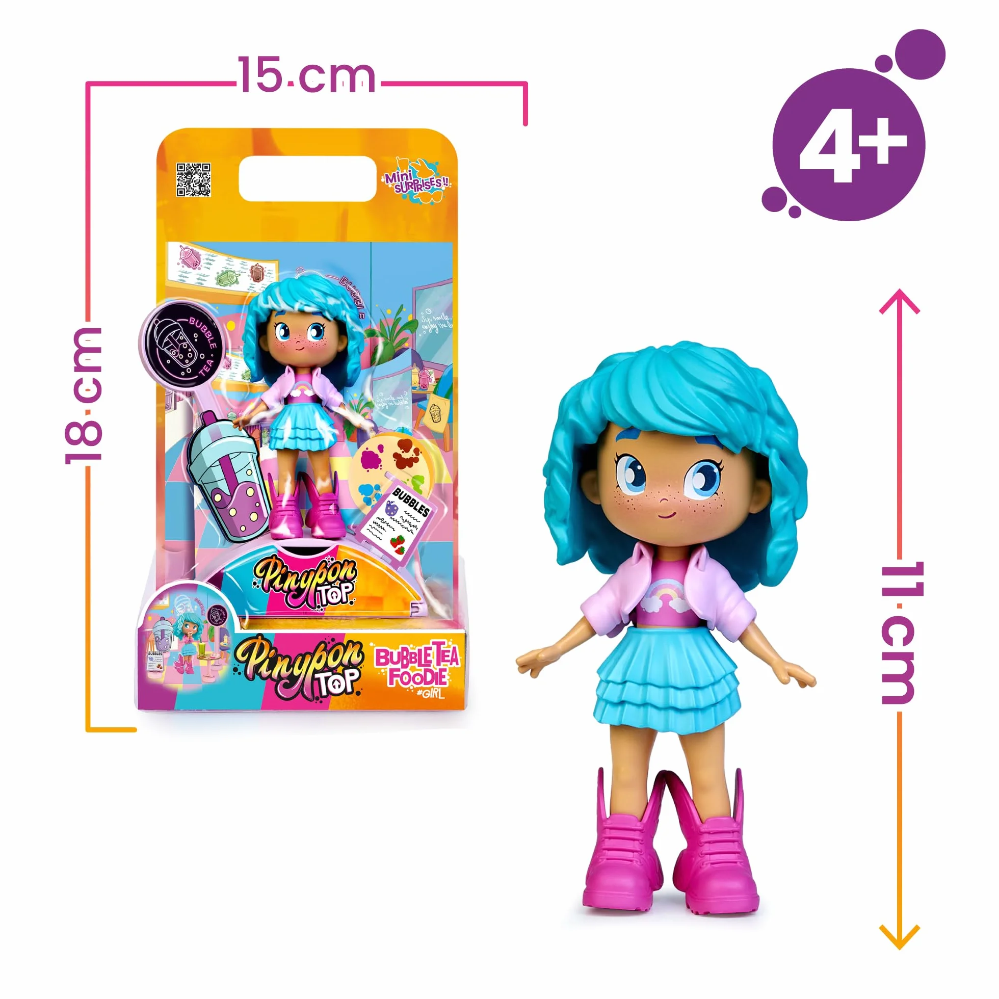 Pinypon TOP Bubble Tea Girl, Chica TOP con Temática Té de Burbujas, Figura Articulada de Brazos y Piernas, Doble Cara y Ropa y Zapatos Intercambiables, Sobre con Accesorios, +4 años, Famosa (PNN01300)