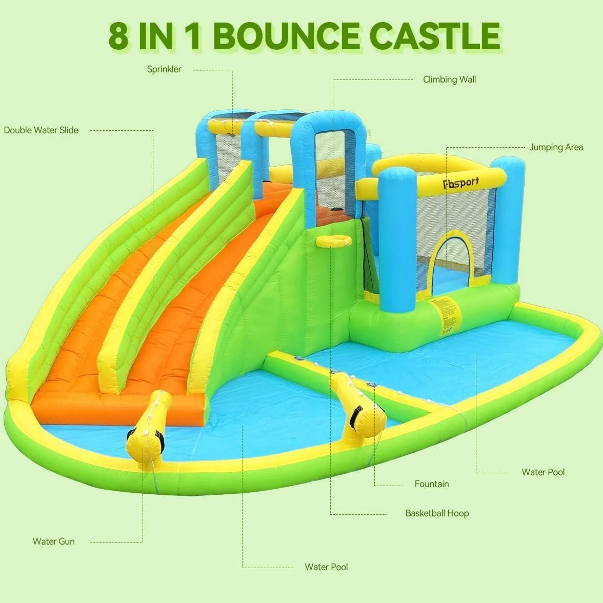FBSPORT Castillo Hinchable Grande con Ventilador para niños Grandes tobogán seco y de Agua, Adecuado para niños, Castillo Children's Bouncy para Uso Interior o Exterior