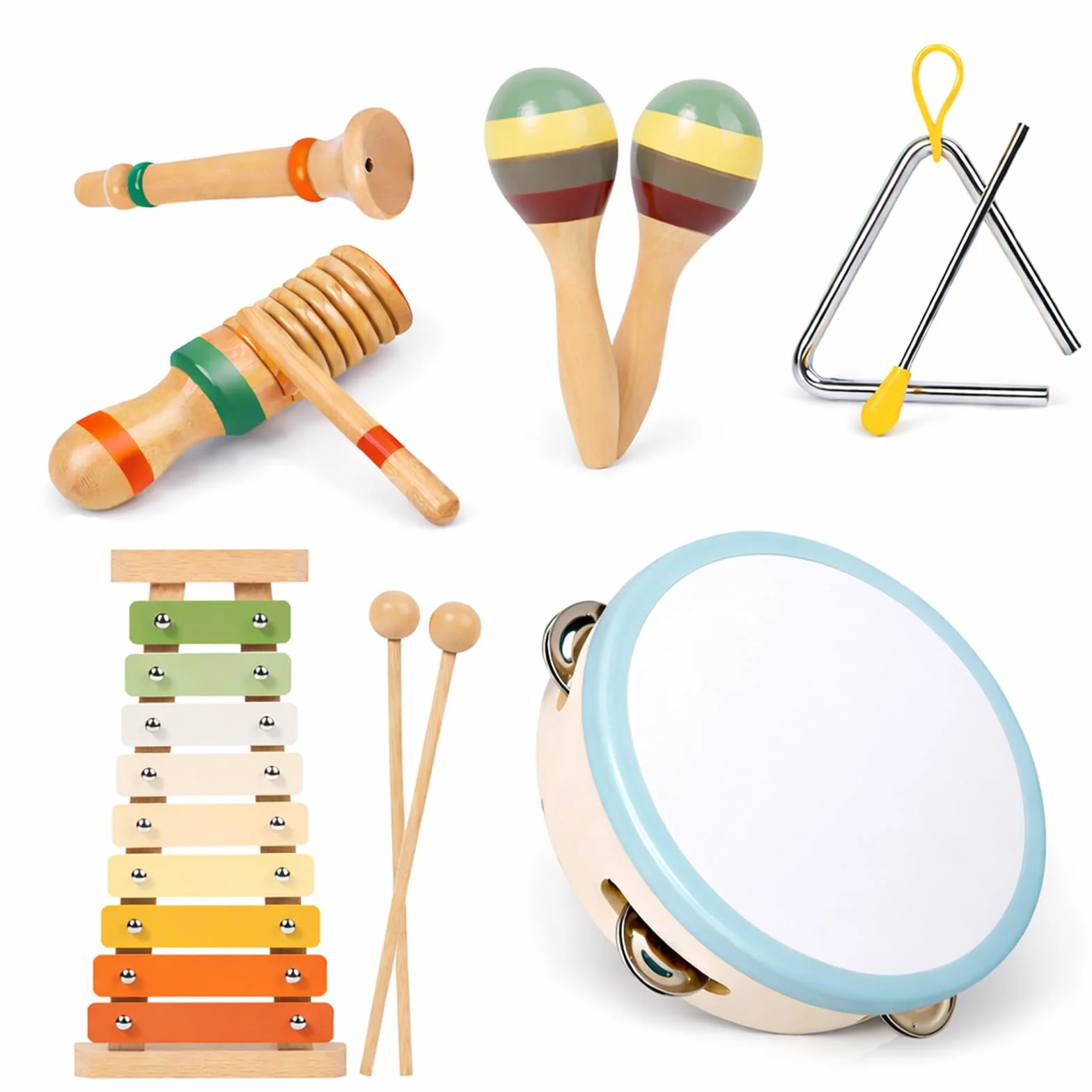 Instrumentos Musicales de Madera para Niños de 3 4 5 Años, Set Montessori de 12 Piezas con Xilófono, Pandereta, Maracas, Triángulo y Güiro, Percusión Infantil