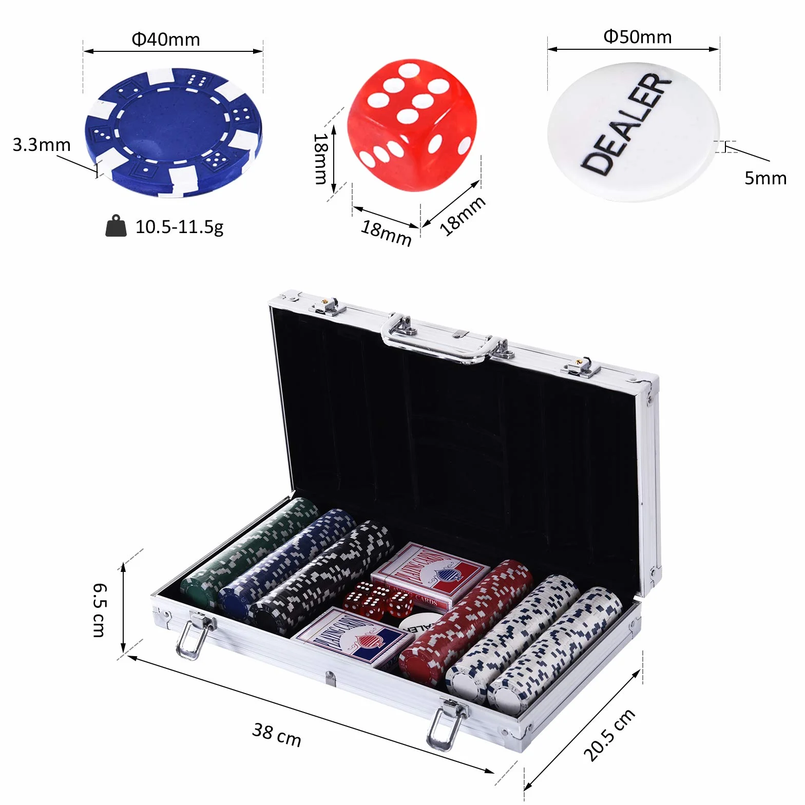 HOMCOM Maletín de Poker Profesional de Aluminio con 300 Fichas Juego Set de Poker Casino con 5 Dados 2 Barajas de Cartas y 1 Ficha de Crupier 38x20,5x6,5 cm Multicolor
