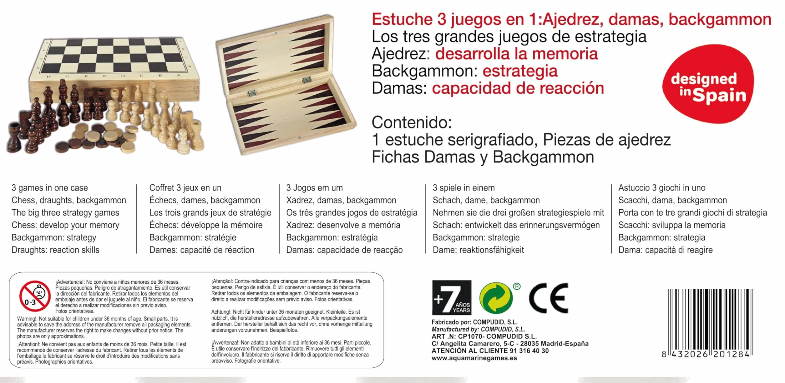 Ajedrez, Damas y Backgammon en Estuche - Juego de 2 Jugadores