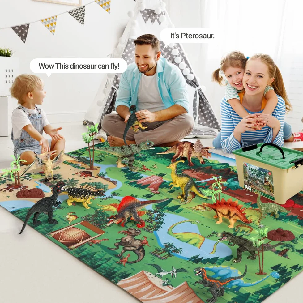 FRUSE Dinosaurios Juguetes con 145x98cm Tapete de Juego,12 Figuras de Dinosaurio Realistas con T-Rex,Carnotaurus,Libro de Dinosaurio,Jurassic Dinosaurios World Regalo para Niños y Niñas 3 4 5 6 7