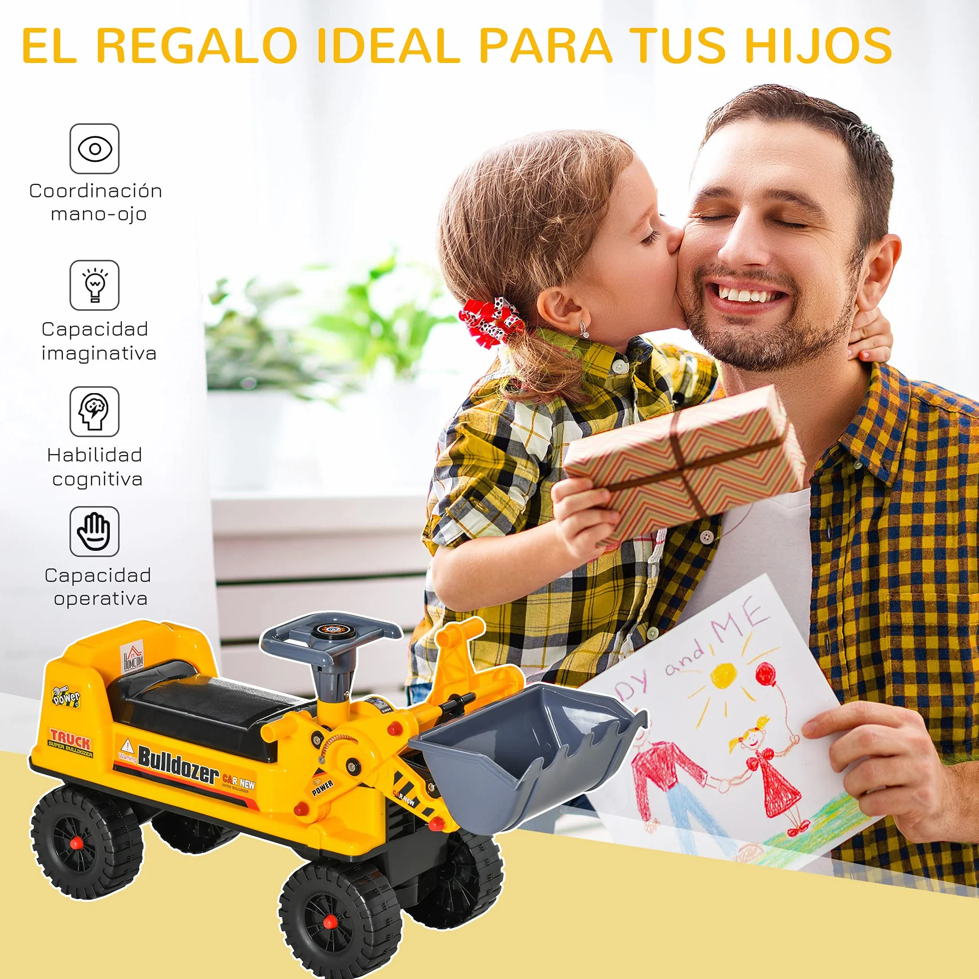 HOMCOM Camion Correpasillos Tractor sin Pedales para Niños de 2-3 Años con Pala Excavadora Espacio de Almacenaje Oculto y Bocina 70x26x37 cm Amarillo