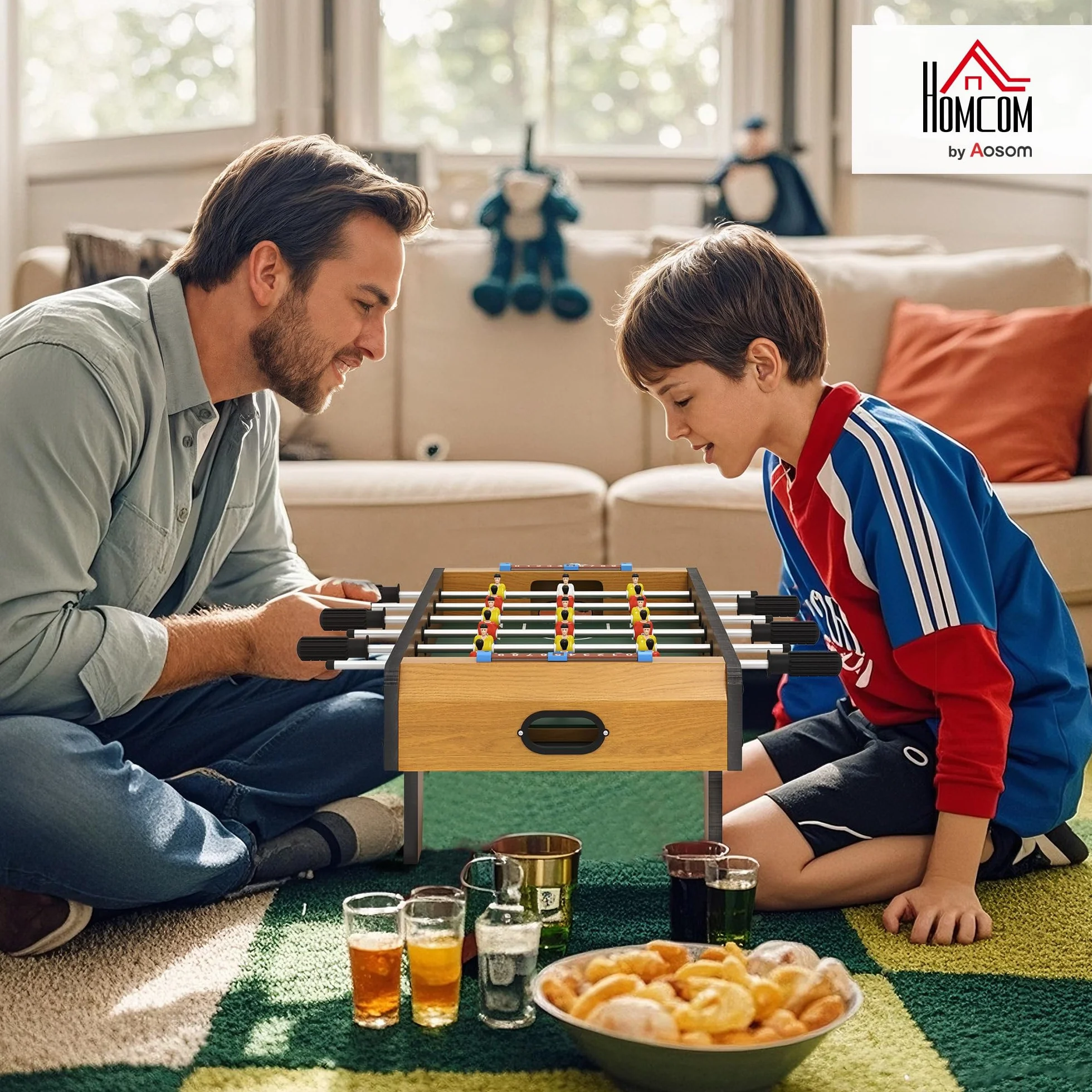 HOMCOM Futbolín de Mesa, Cuerpo Madera Resistente, Juego Mesa de Fútbol con 18 Jugadores, 2 Bolas, 6 Asas y 2 Marcadores de Puntos para 2-4 Personas, 70x37x22 cm, para Niños de 6+ Años y Adultos