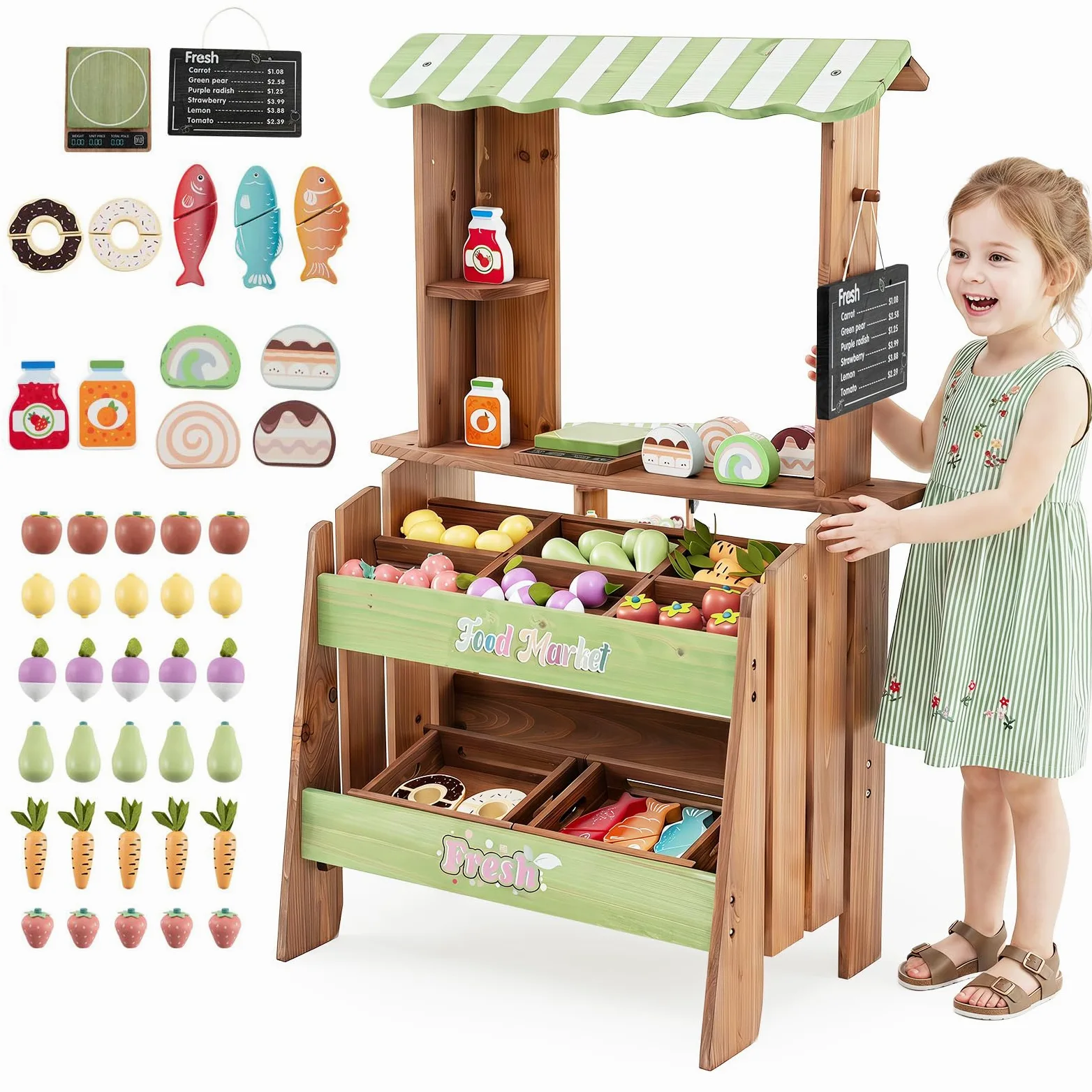 HOMASIS Puesto de Mercado Infantil | Tienda de Comestibles de Juguete con Pizarra, Toldo, Compartimentos, Cajas, Accesorios y Estructura de Madera de Abeto