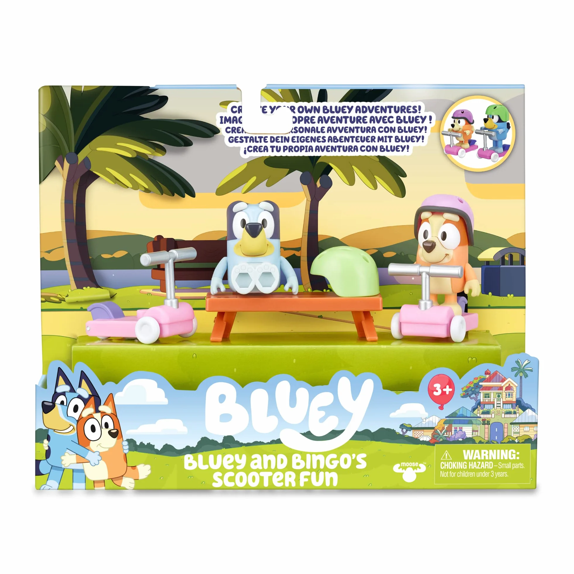 Bluey - Vehículos Scooters, con 2 Figuras de los protagonistas de la Serie, Bingo la Hermana de Blue, y de Accesorios 2 patinetes Scooter con Ruedas y 2 Cascos, +3 años de Edad, Famosa (BLY12100)