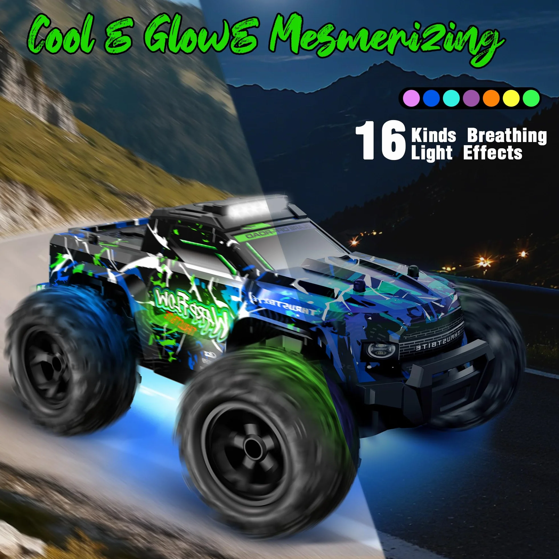 BAZADER Coche Teledirigido Coche RC - 1:18 Coches teledirigidos con Luces Led, 25 Km/H Remote Control Car con Pulverizador 2,4 GHz Todoterreno 2 Baterías Recargables 60min Play, para NiñOs Y Adultos
