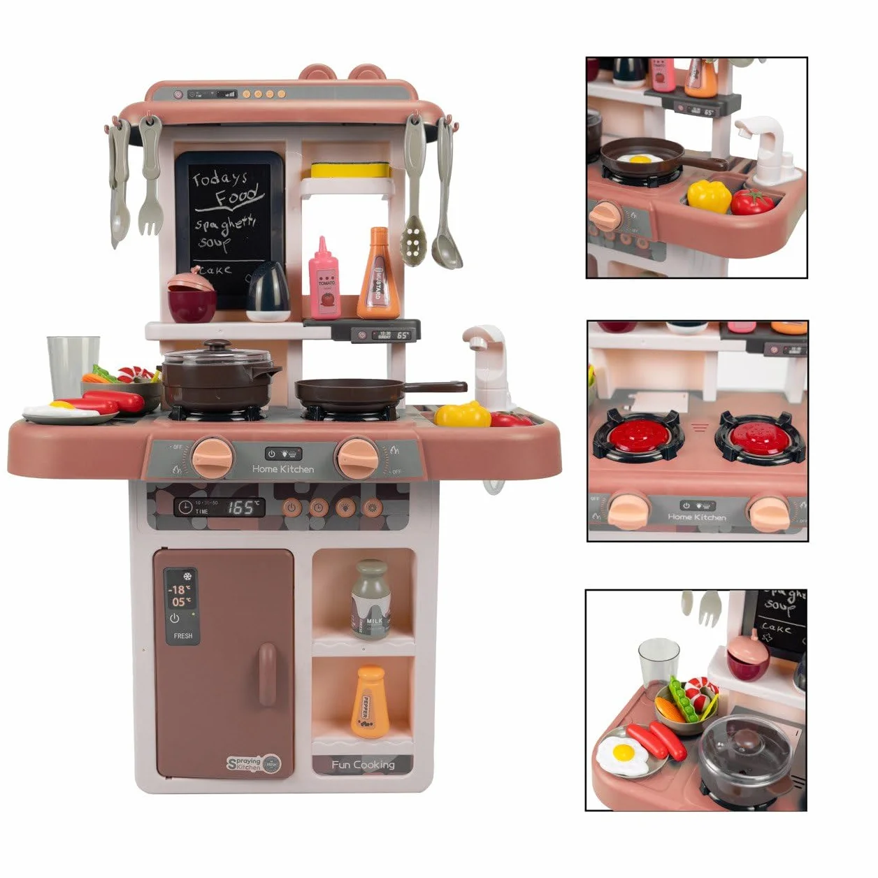 Cocina de Juguete niños Unisex, Incluye 36 Accesorios, fogones eléctricos con simulación de Fuego, Grifo con Bomba de Agua, Pizarra y Mucho más Juguetes + 3 años (Marrón)