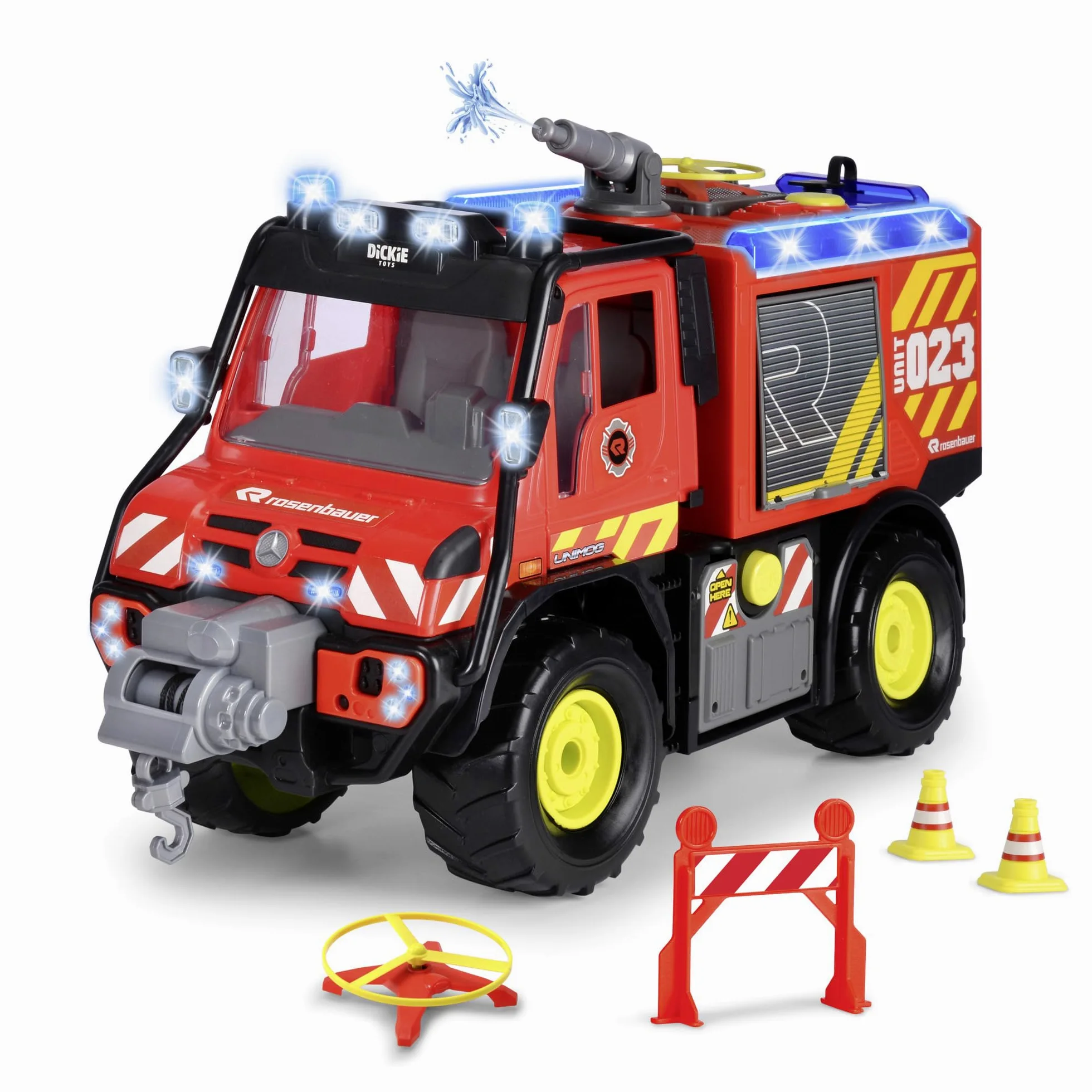 Dickie Toys - Unimog U530 Fire Rescue (50 cm) - Gran camión de Bomberos con Chorro de Agua y cabrestante con Controlador de Palo, Juguete para niños a Partir de 3 años con luz y Sonido, Incluye Pilas
