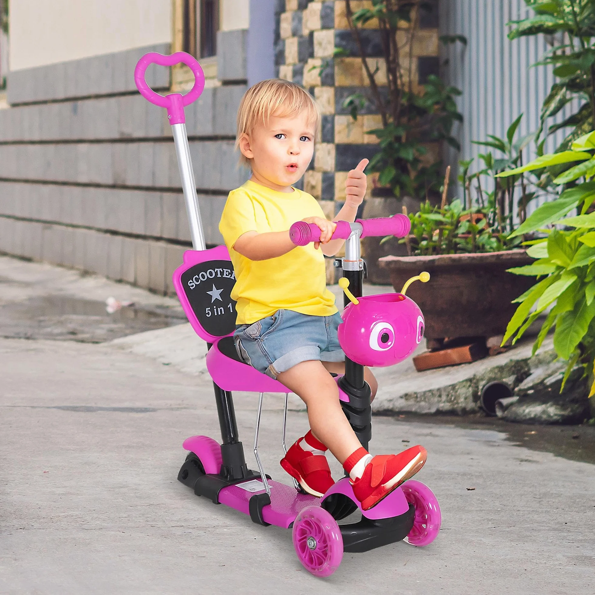 HOMCOM 3 en 1 Patinete para Niños de +18 Meses Scooter de 3 Ruedas con Asiento Extraíble Manillar Mango de Empuje Altura Ajustable 62x25x72,5 cm Rosa