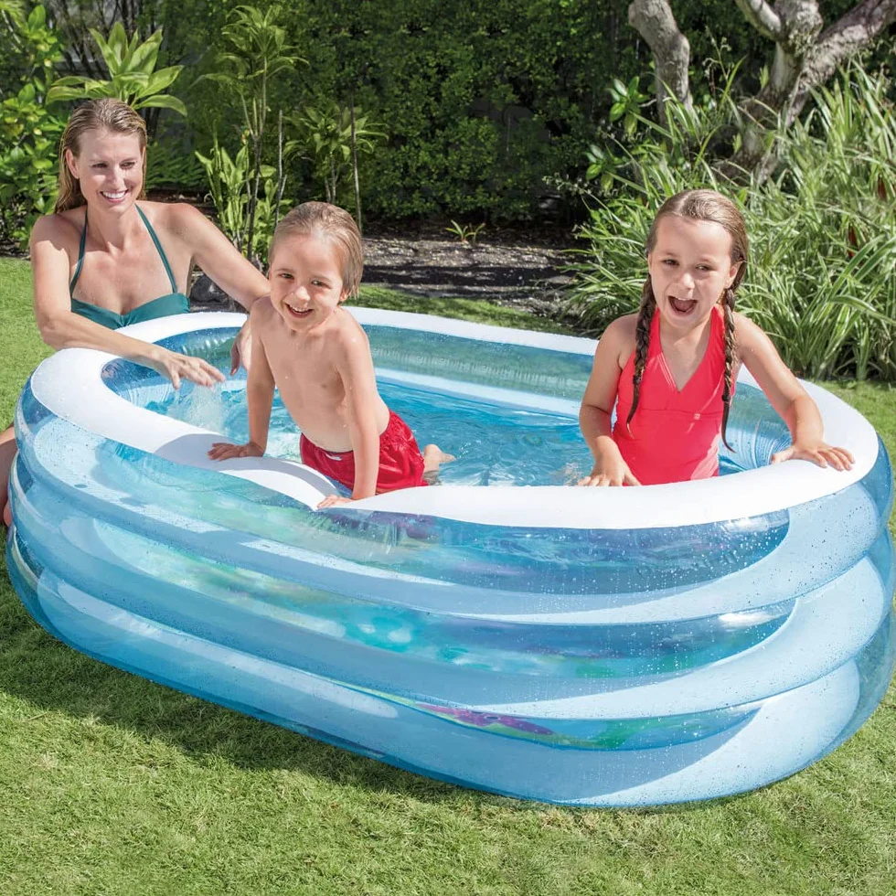 Intex Piscina Hinchable Infantil, 3 Anillos Azul Transparente, 163x107x46 cm, 230 litros, Vinilo Resistente, tapón de desagüe, Uso Exterior, jardín, Verano, Incluye Parche de reparación (57482)