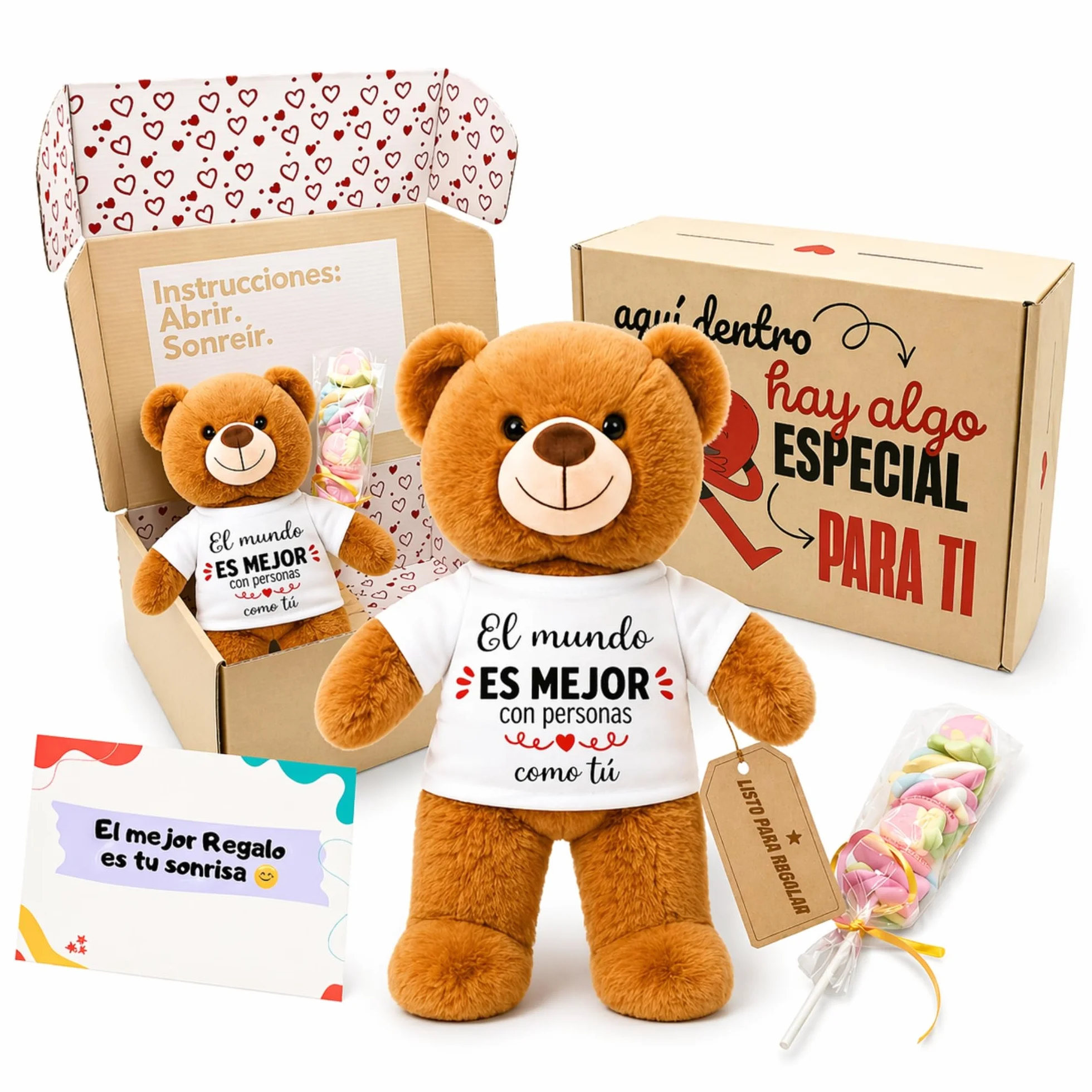 Peluchilandia Regalos Originales para Mujer y Amigas - Osito de Peluche con Mensaje Emotivo en Caja Regalo - Detalle para Cumpleaños, Enamorados o Día de la Madre (MARRÓN)