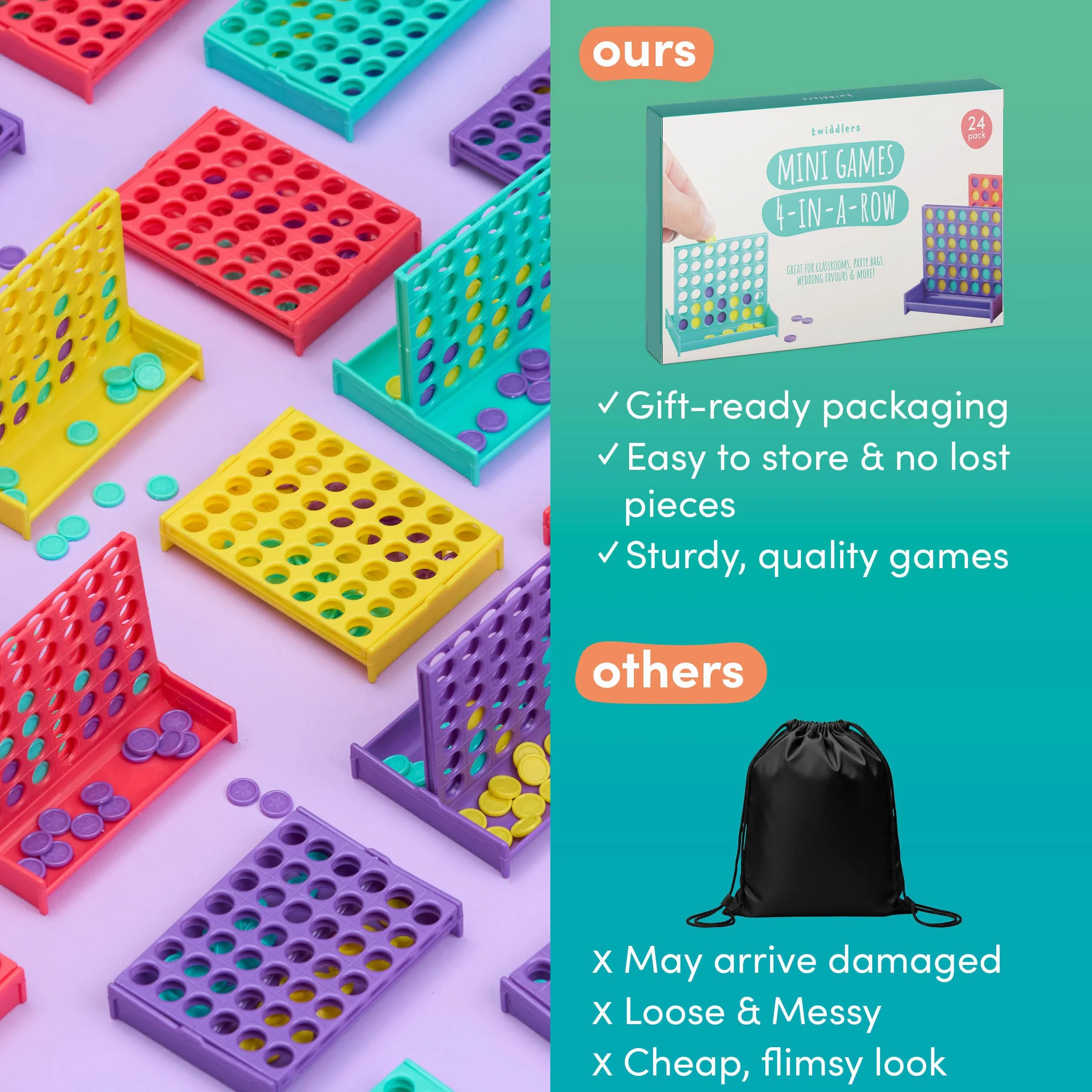 THE TWIDDLERS Pack 24 Mini Juegos de Mesa Alinear 4 Fichas 8cm - Regalos Comunión, Bolsas Sorpresa, Juegos de Viaje 3 a 12 Años