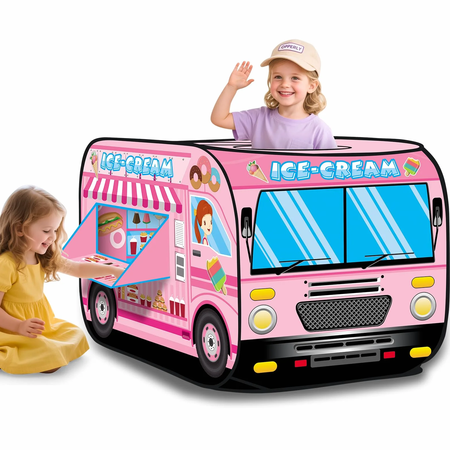 deAO Casita de Juegos Carpa Infantil Tienda con Diseño Pop Up Auto Armable Montaje Rápido Actividades Recreativas al Interior Exterior Área de Recreo (Heladería, Camión de los Helados)