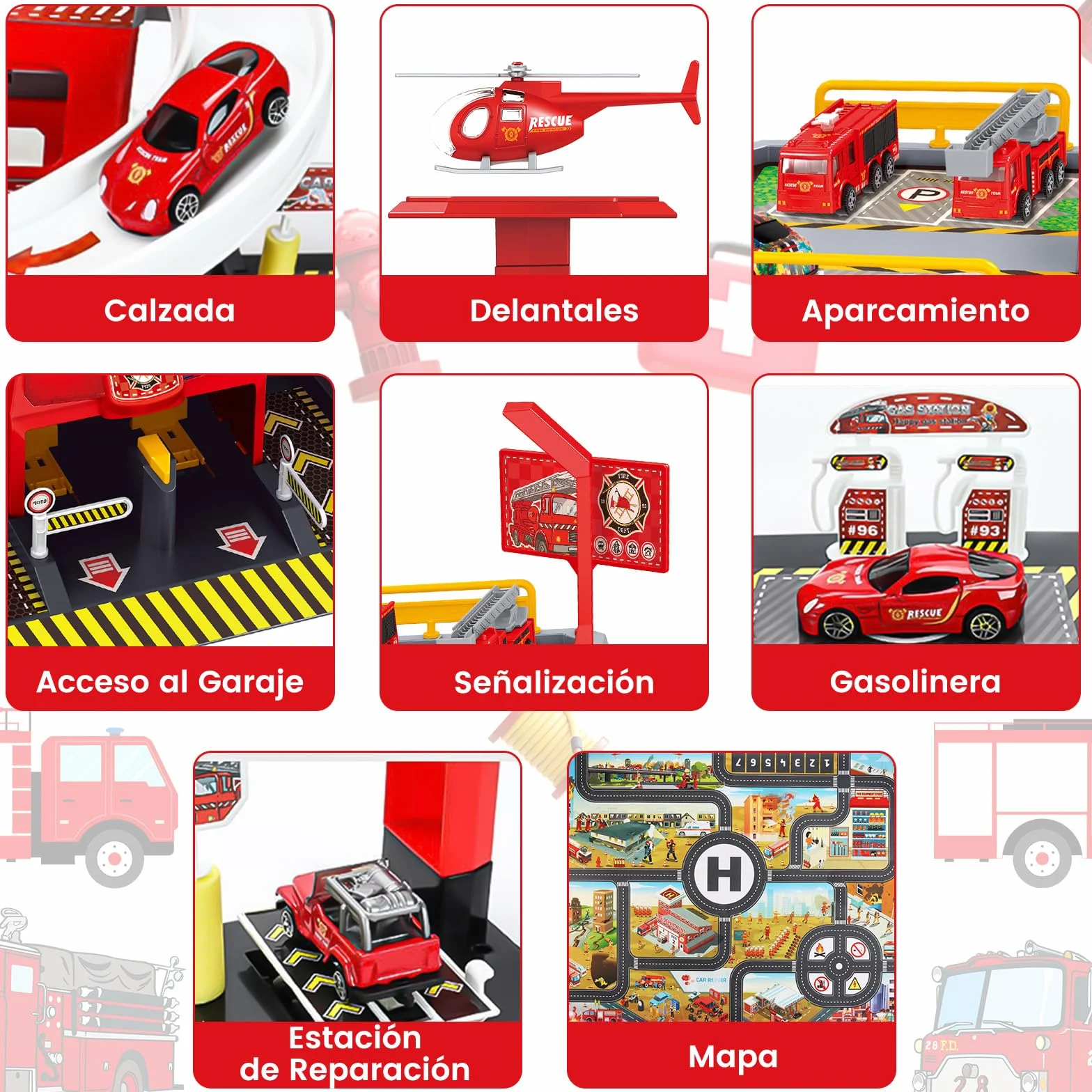 BuzzoXerex 5 Plantas Garaje Coches para Niños, Parking Molto con 14 Coches y 2 Helicóptero, Parking Juguete con Pista de Coches y Ascensor, Educativos Regalos para Niños 5 6 7 8 9 Años (Rojo)