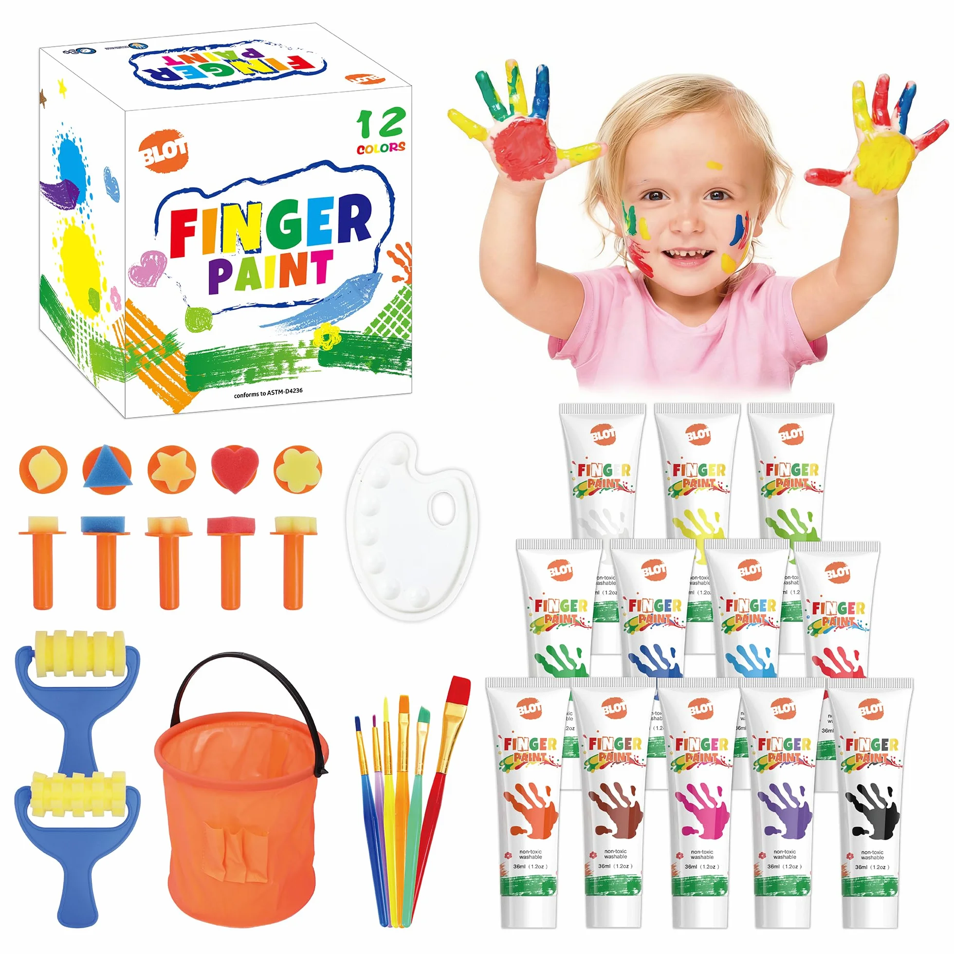 BLOT Pintura de Dedos para Niños Pequeños, Set de Pinturas de Dedos Lavables para Niños, 12 Colores (36ml cada uno), Incluye 7 Herramientas de Esponja, 6 Pinceles, Paleta y Cubo, A partir de 3 años
