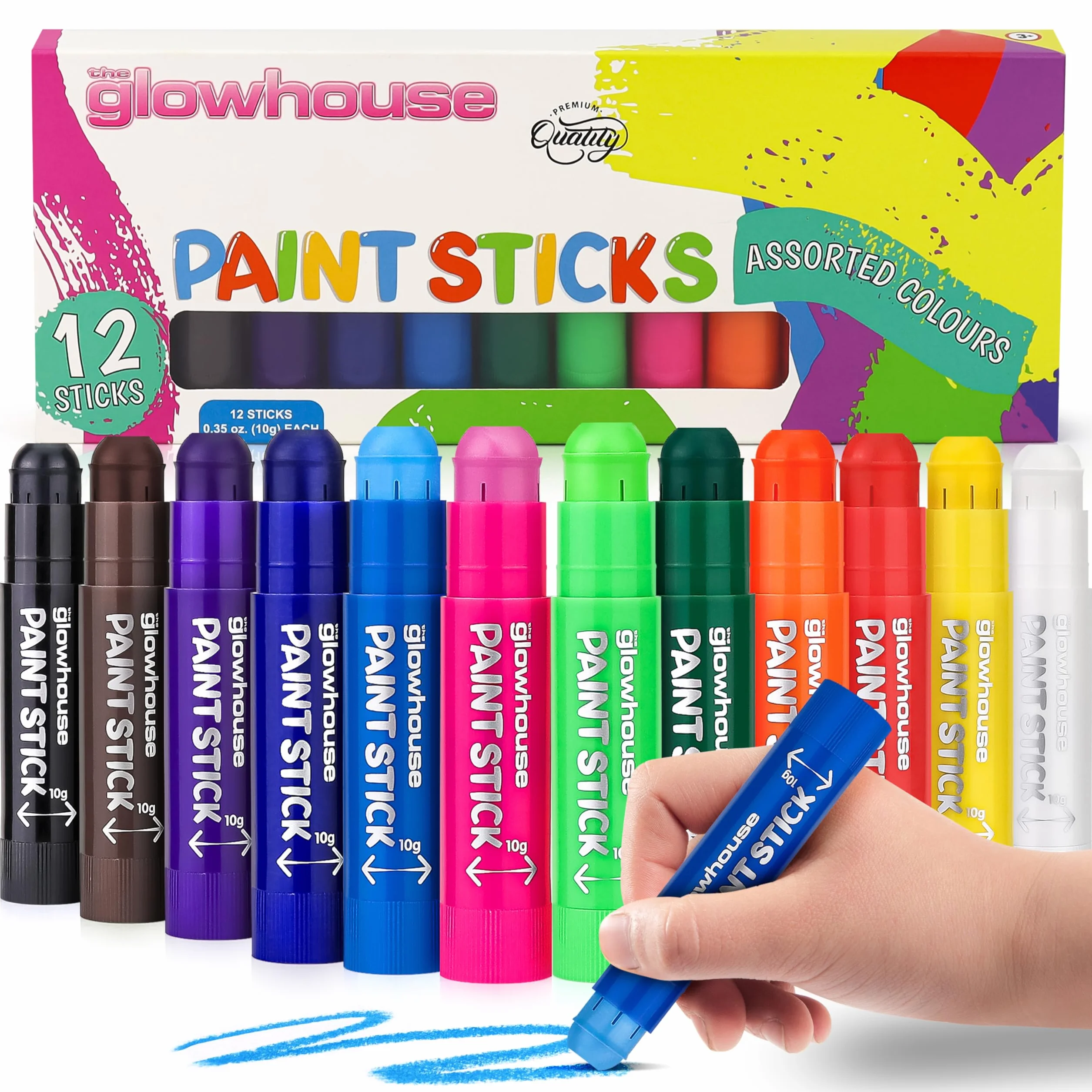 The Glowhouse Barras de pintura Tempera de colores clásicos, 12 unidades, no tóxicas, lavables, sin manchas, multicolor, para niños, paquete de 12, perfectas para proyectos de arte creativos