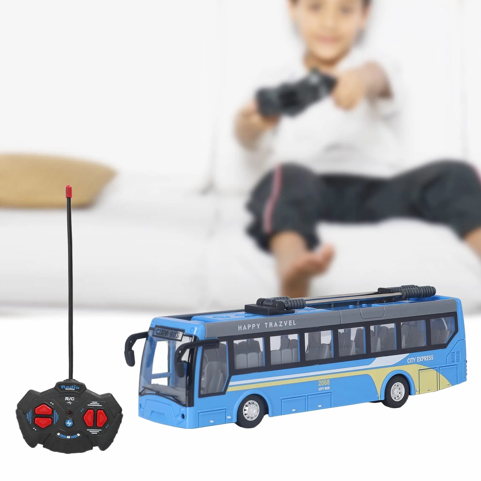 Juguete de Autobús de Control Remoto, Alta Simulación Todas Las Direcciones Que Conducen el Autobús Escolar RC Recargable para Niños(Azul)