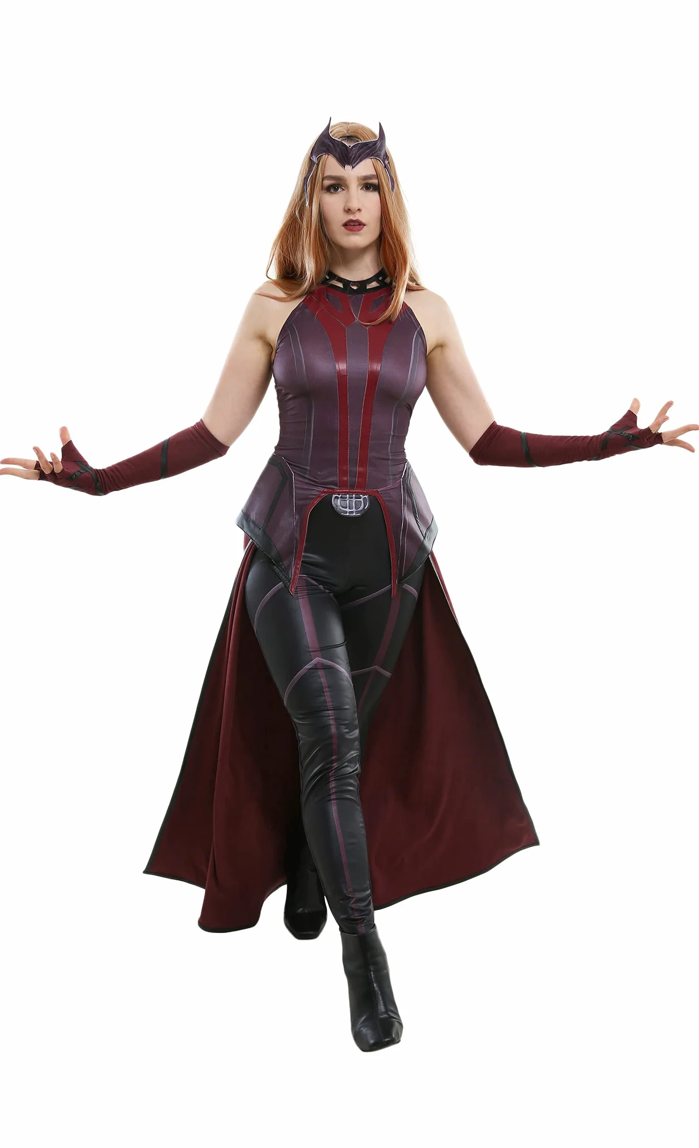 Cospaly.fm - Disfraz de bruja escarlata sin mangas para mujer con falda exterior y guantes largos (S)