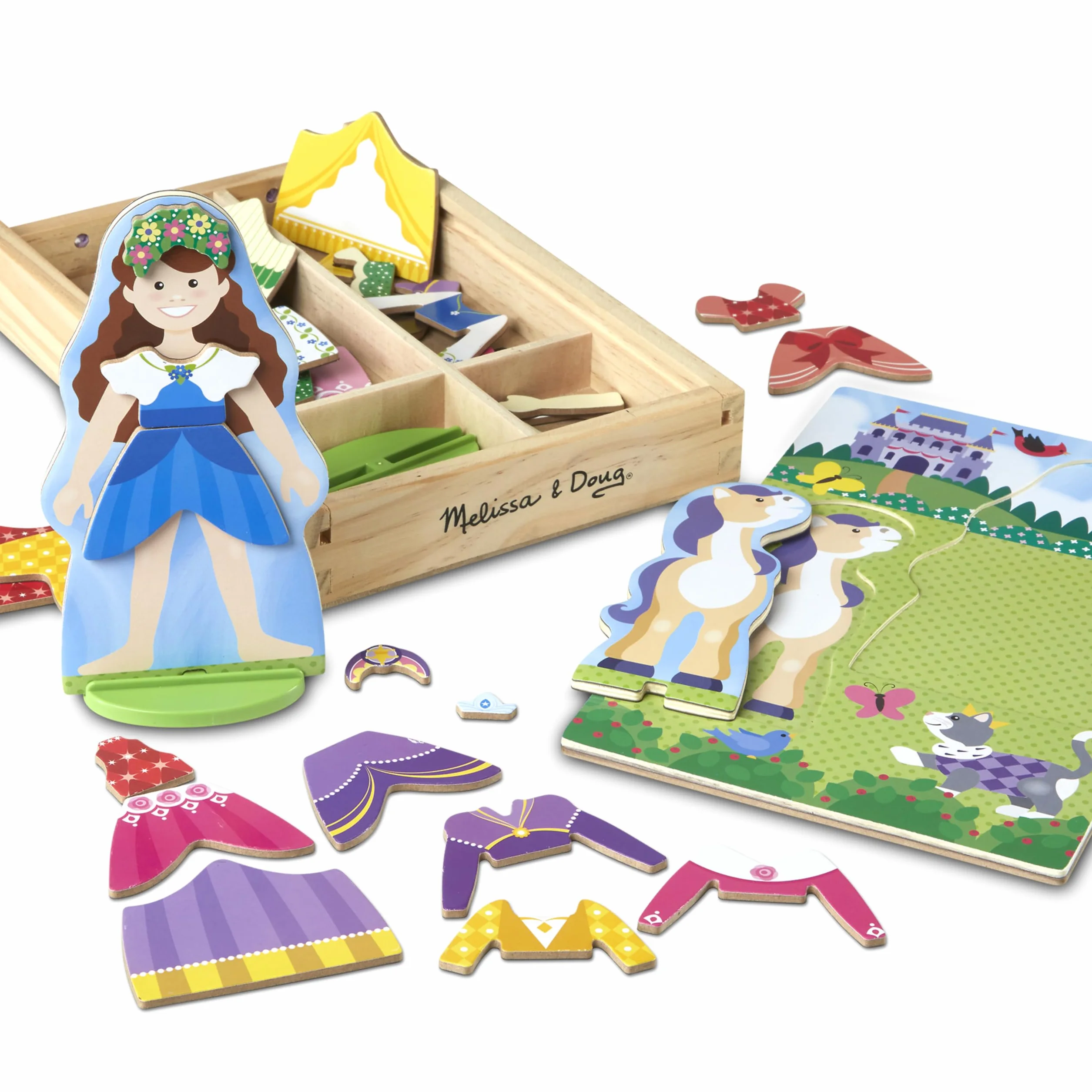Melissa & Doug - Juego de imitación, de muñecos de madera para vestir con piezas magnéticas - Princesa y caballo (35 piezas)