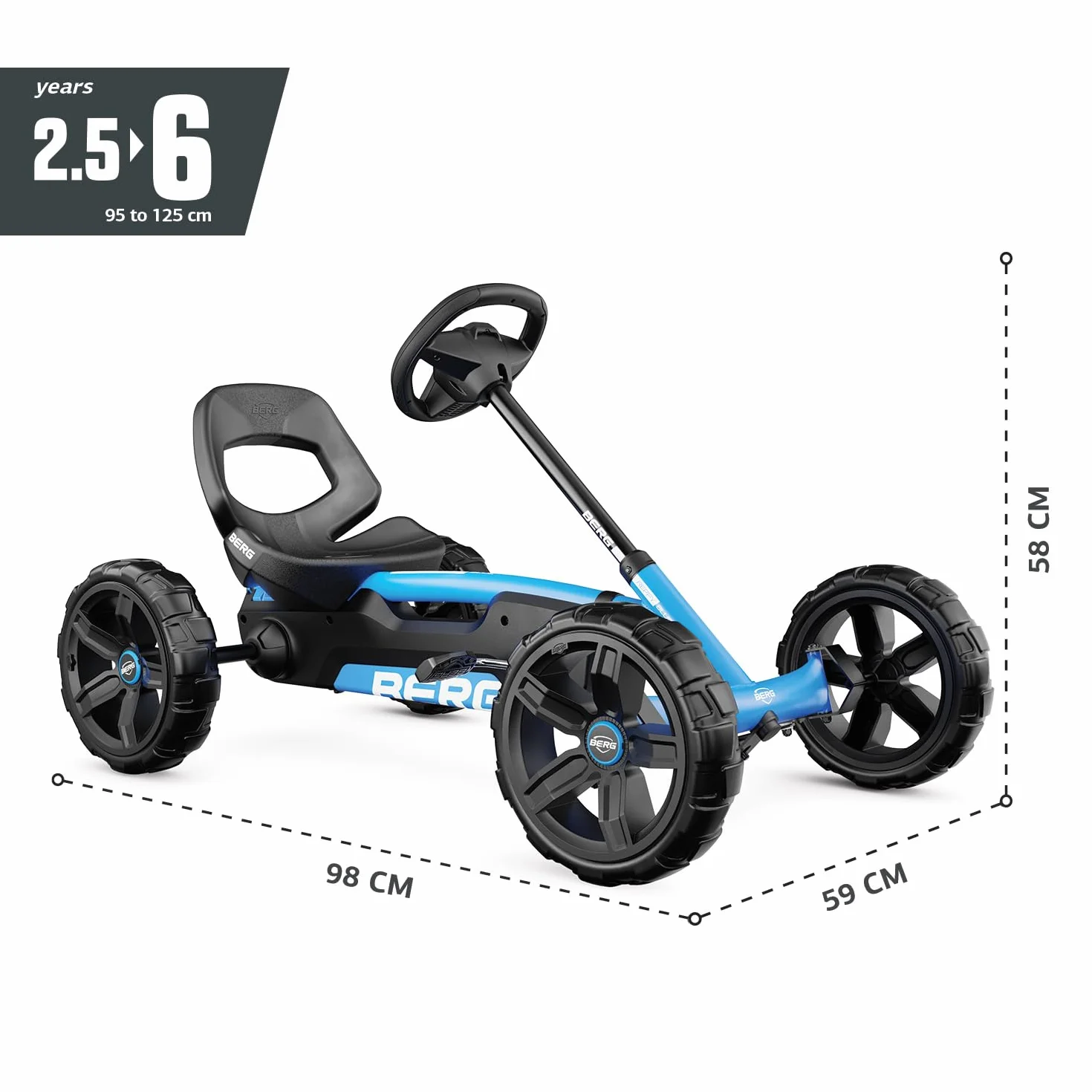 BERG Kart a Pedales Reppy Bleu | Azul, 2, 5-6 años, cuadro resistente, asiento regulable, volante regulable