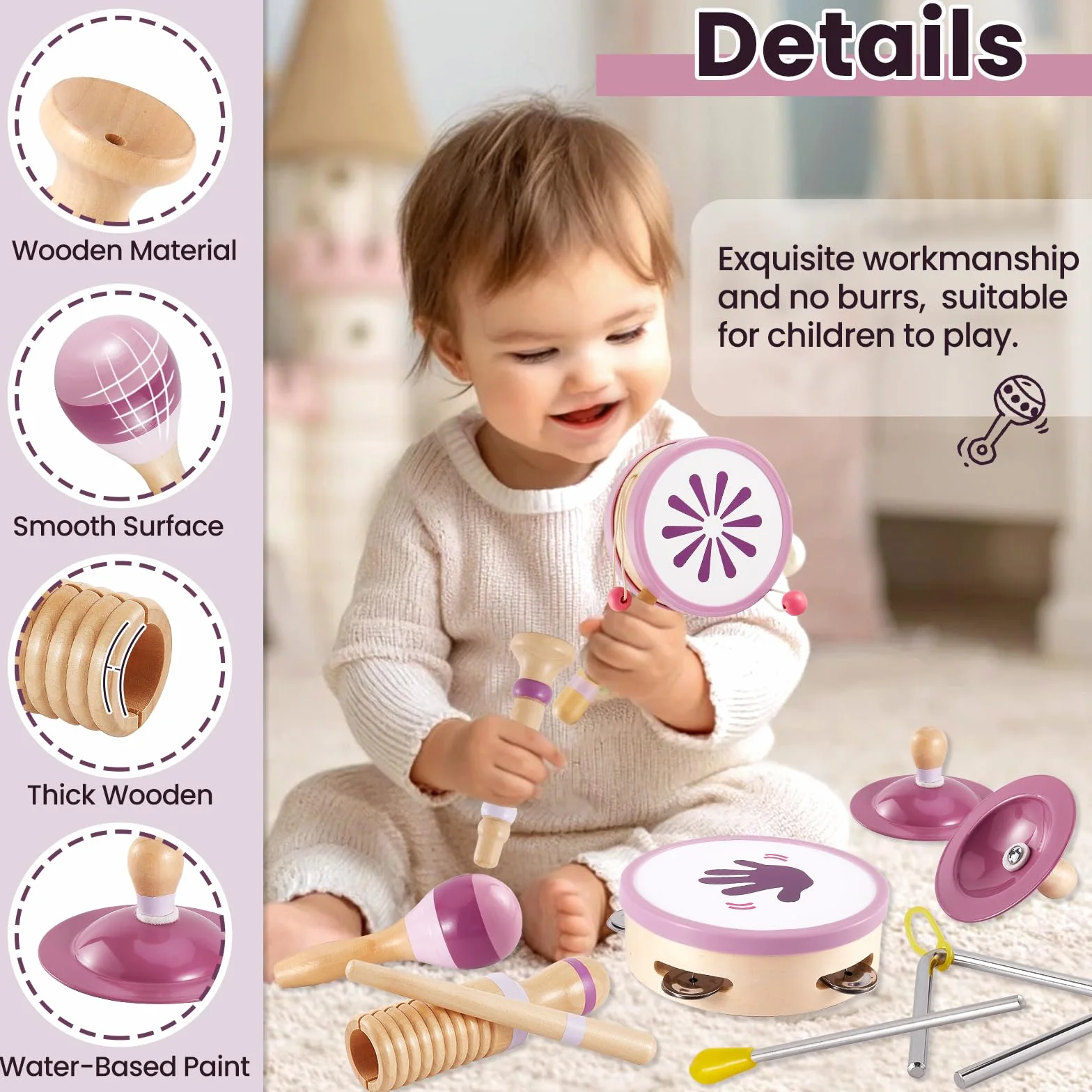 Buyger Instrumentos Musicales para Bebés, Juguete Montessori de Madera para Niños 1 2 3 años, IInstrumentos de Percusión Infantiles, Regalo para Niños Niñas (Cumpleaños/Navidad/Reyes)