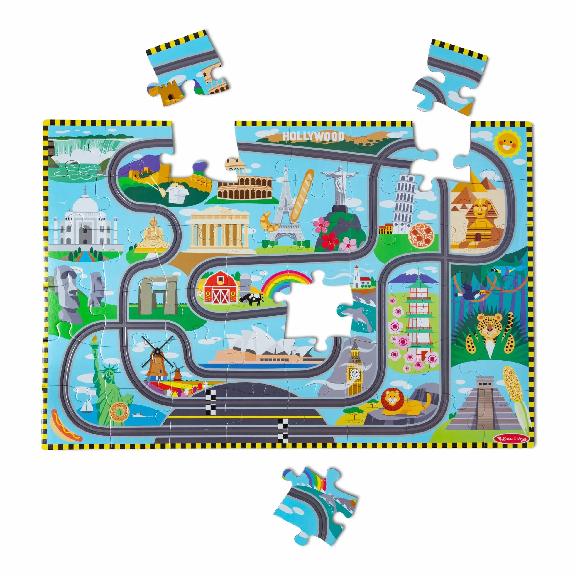 Melissa & Doug Puzzle de Piso de cartón Pistas de Carreras Alrededor del Mundo y vehículos de Cuerda – 48 Piezas, para niños y niñas a Partir de 3 años - Certificados FSC