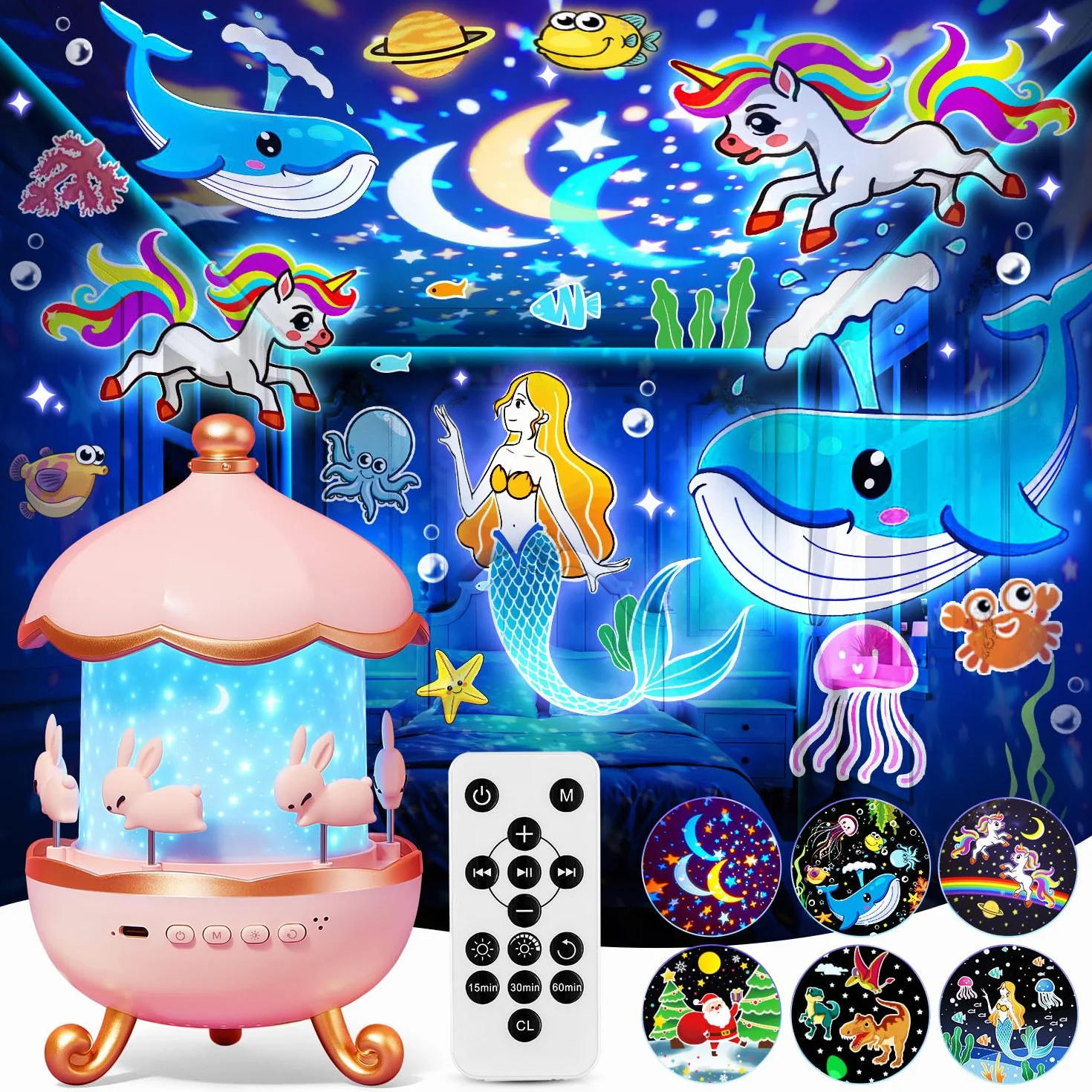 One Fire Proyector Estrellas, Regalo Niña y Luz Nocturna Infantil con 315 Modos & 15 Films, Juguete Educativo 360° como Ayuda para Dormir, Recargable con 15 Músicas, Mando y Temporizador