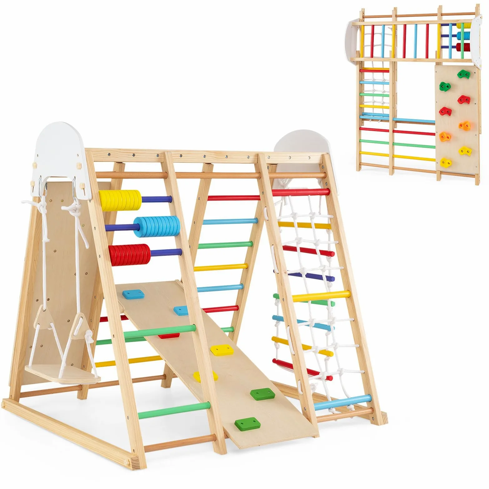 COSTWAY 8 en 1 Estructura de Escalada para Niños,Madera Maciza (Multicolor) | Juego de Escalada Montessori con Pared de Escalada, Barras de Mono y Columpio para Habitación Infantil Sala de Juego