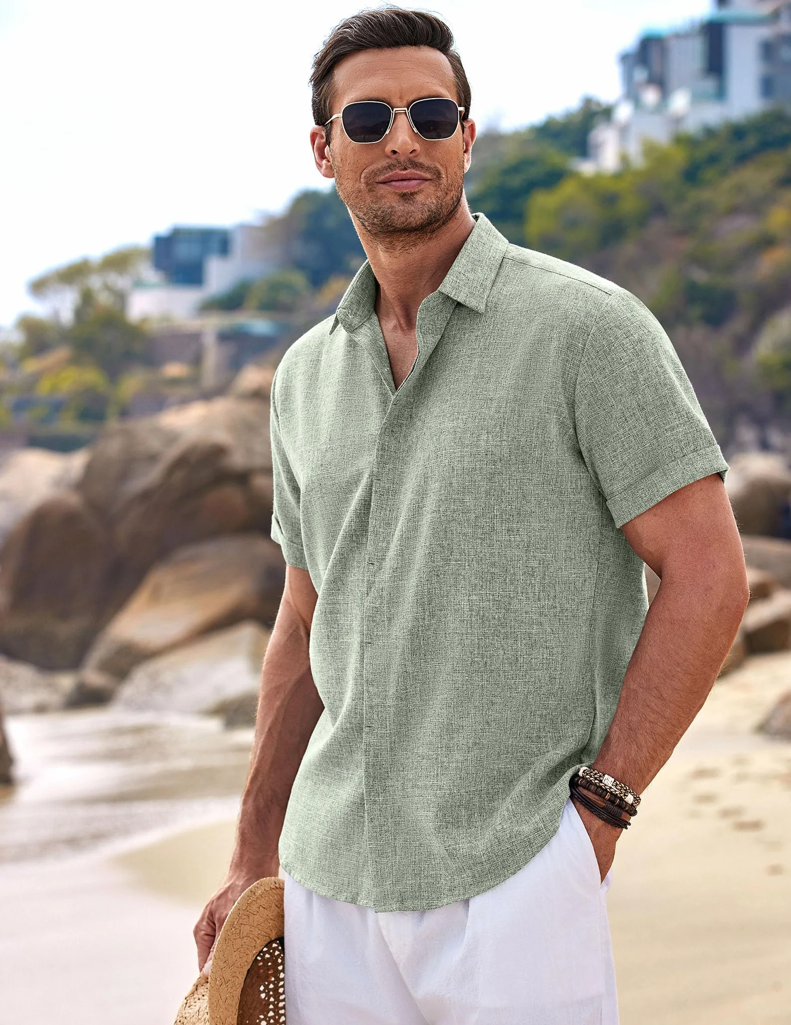 COOFANDY Camisa de Lino para Hombre Manga Corta con Botones Camisa Informal Ajuste Regular Playa Verano