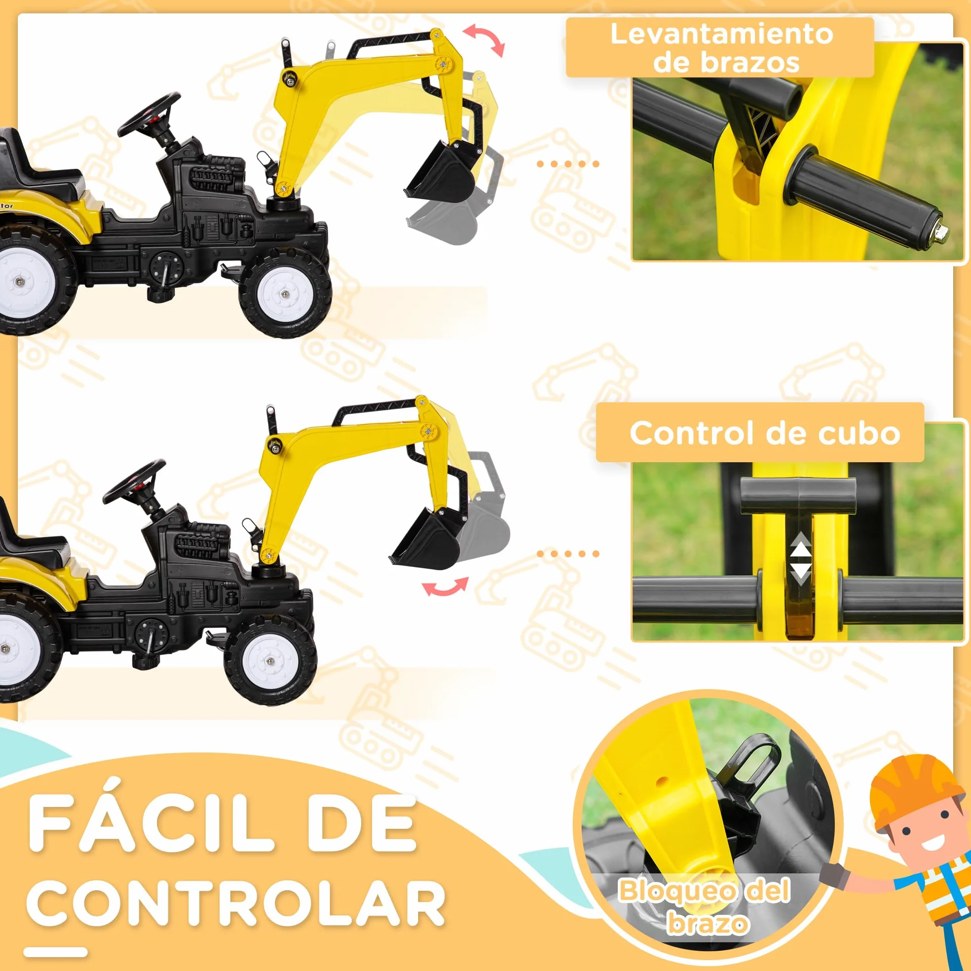 HOMCOM Tractor a Pedales para Niños de +3 Años Excavadora para Niños con Claxon y Pala Delantera Tractor Infantil para Exterior Carga 35kg 107x42x71 cm Amarillo