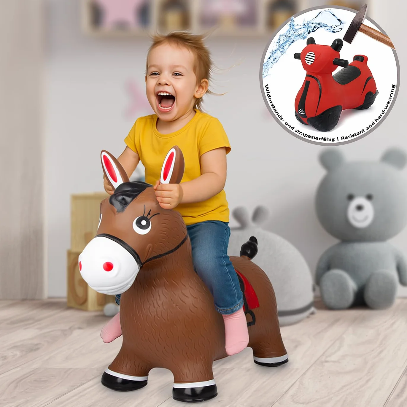 Jamara 460597 - Animal Saltarín Caballo Marrón con Bomba – Peso hasta a 50 kg, Orejas como Soporte, Resistente, Promueve el Sentido del Equilibrio, Simple de Limpiar