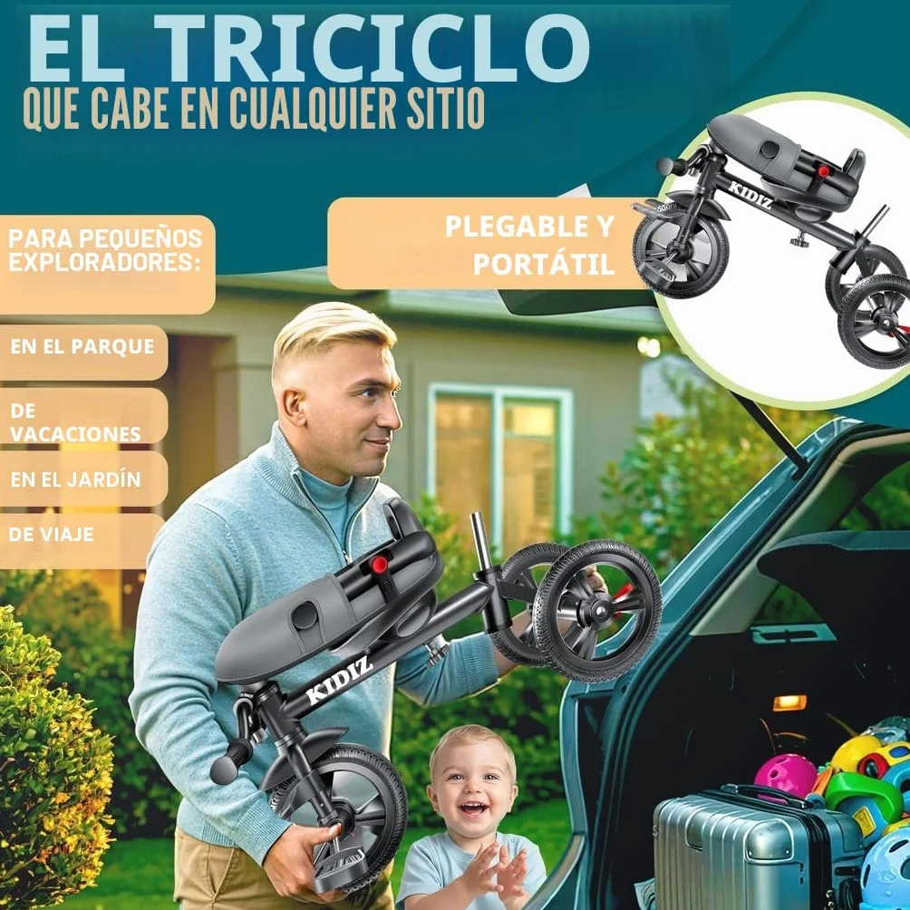 KIDIZ® Triciclo 5 en 1 para niños con barra de empuje sistema de dirección, barra para niños de 1 año, funciona en ambos sentidos: adelante e inverso, bolsa, cesta, soporte de la bebida
