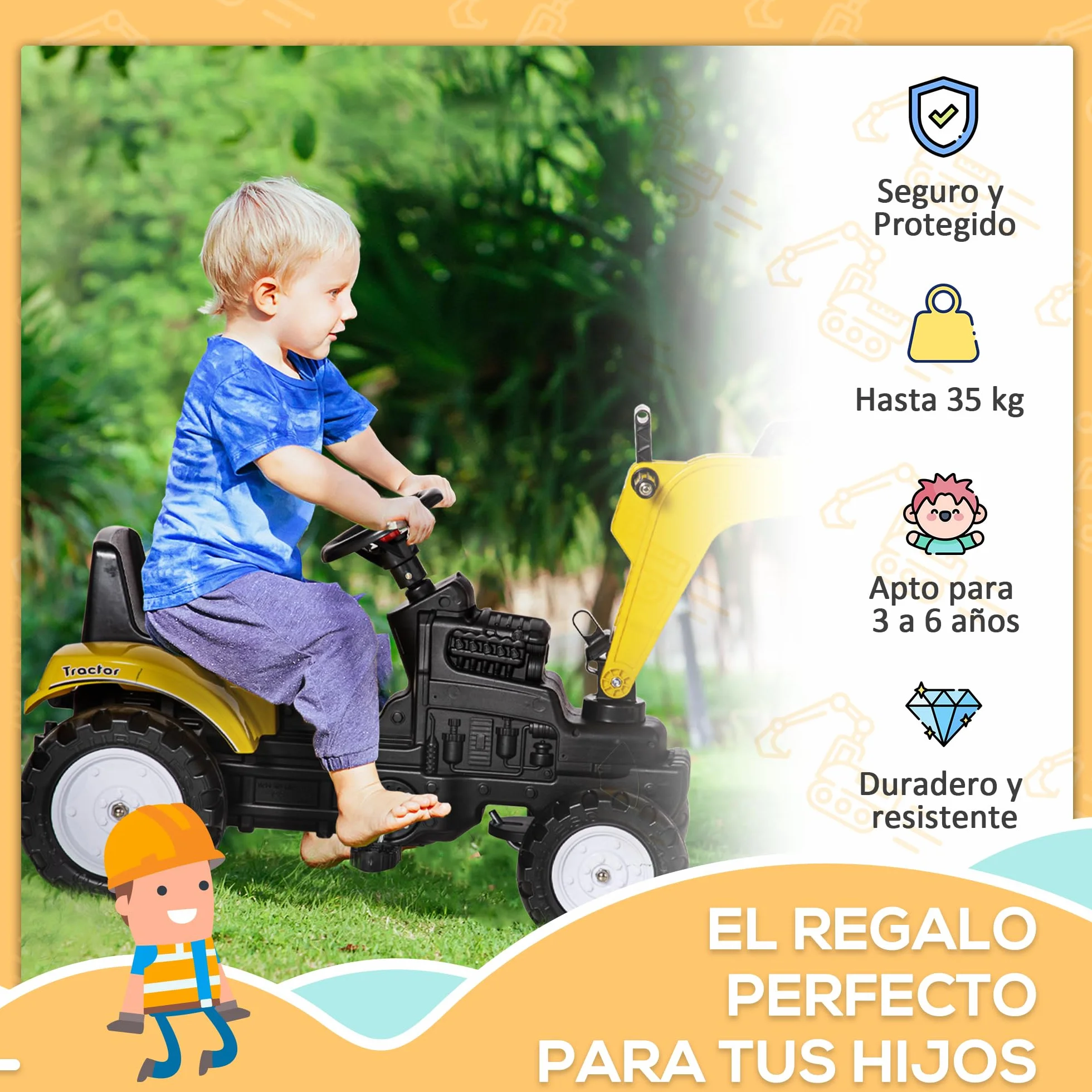 HOMCOM Tractor a Pedales para Niños de +3 Años Excavadora para Niños con Claxon y Pala Delantera Tractor Infantil para Exterior Carga 35kg 107x42x71 cm Amarillo