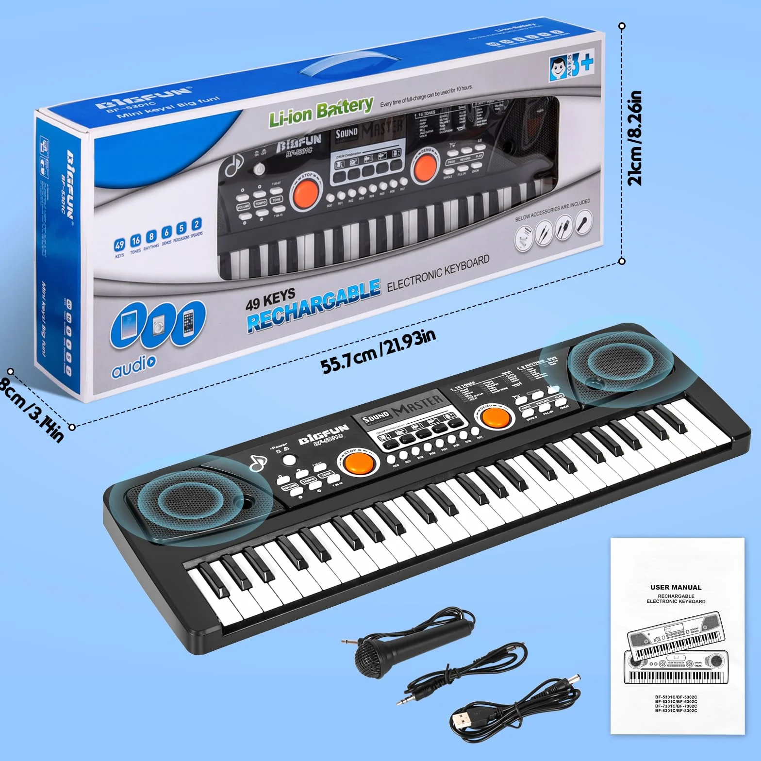 m zimoon Teclado Pianos 49 Teclas, Piano Electrónico con micrófono, Electrónico Música Teclado Piano Cumpleaños Regalos del día de Navidad Edad para Niños de 3 a 12 Años, Niñas y Niños