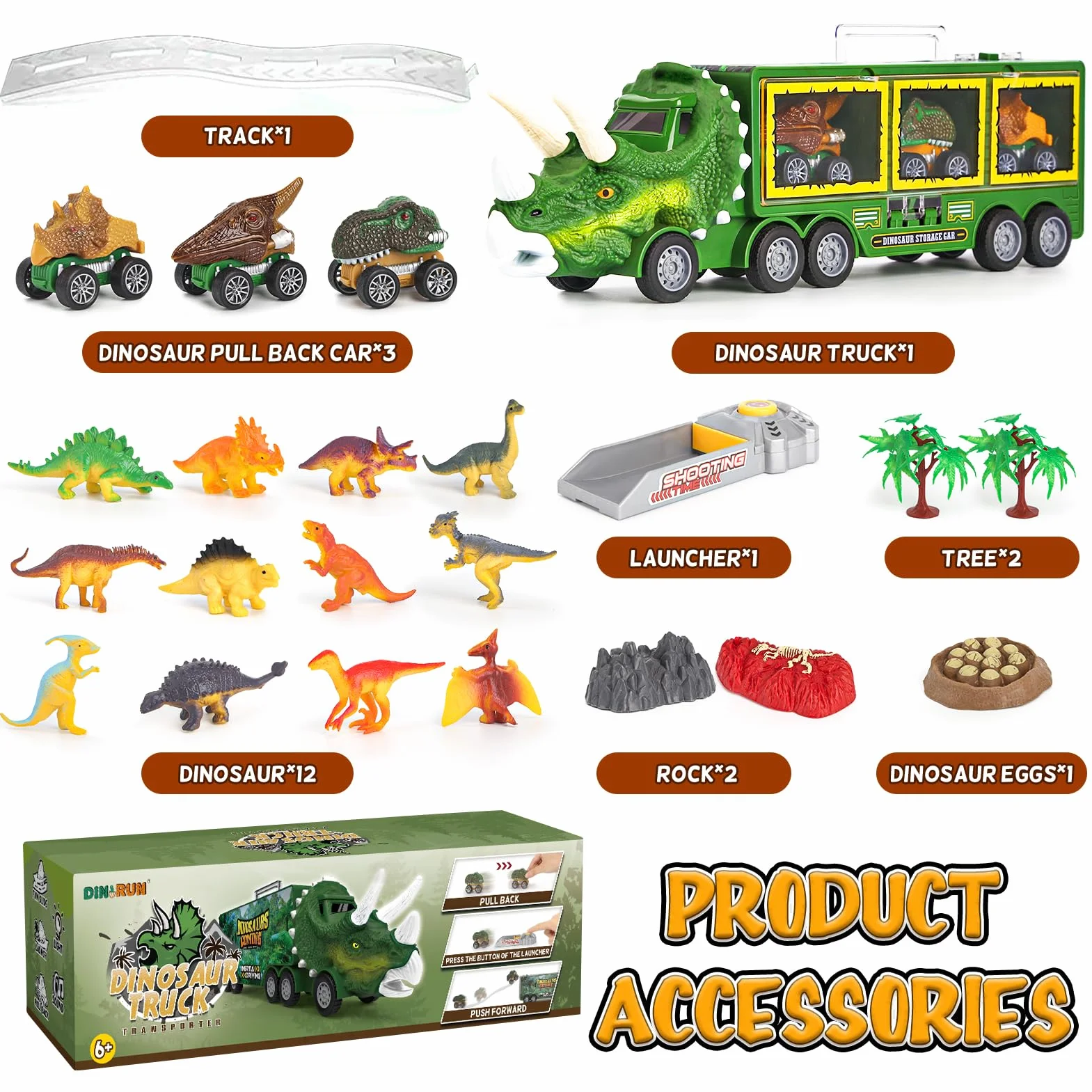 DINORUN Camión Transportador de Dinosaurios Juguetes Coches de Juguetes con Luz y Sonido para Niños y Niñas