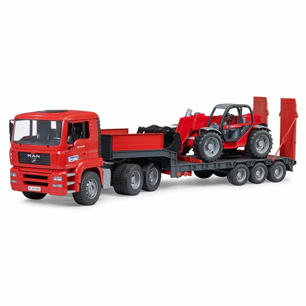 Bruder 02774 - Man TGA con Plataforma Baja y Cargador telescópico Manitou | Camión con pala cargadora, camión, set de vehículos, juguete a partir de 3 años, escala 1:16