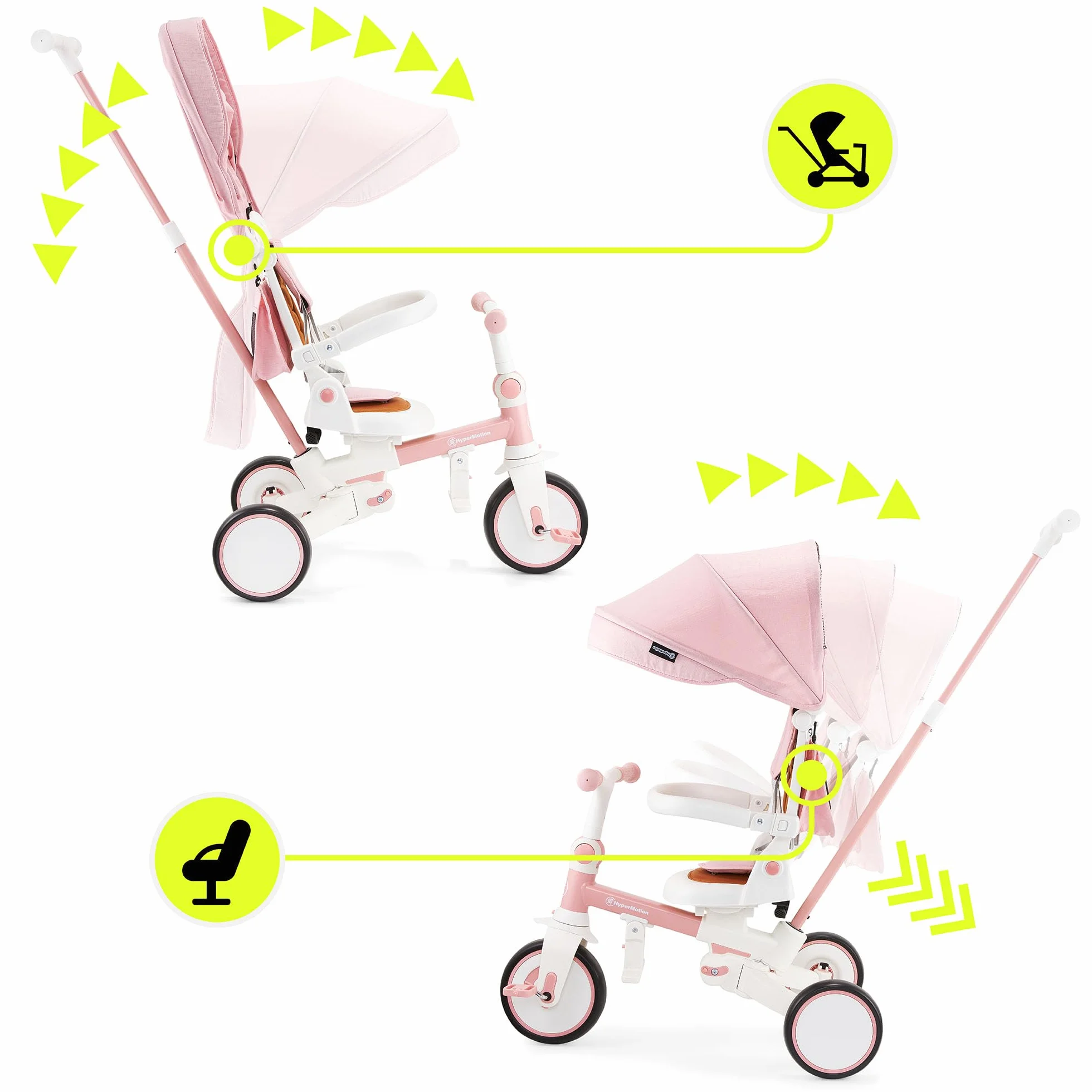 HyperMotion Triciclo Evolutivo 8 en 1 Rosa – Triciclo Bebe Plegable y Reclinable con Asiento 360° y Capota – Arnés, Barra de Empuje – Trike para Niñas de 1 a 5 Años